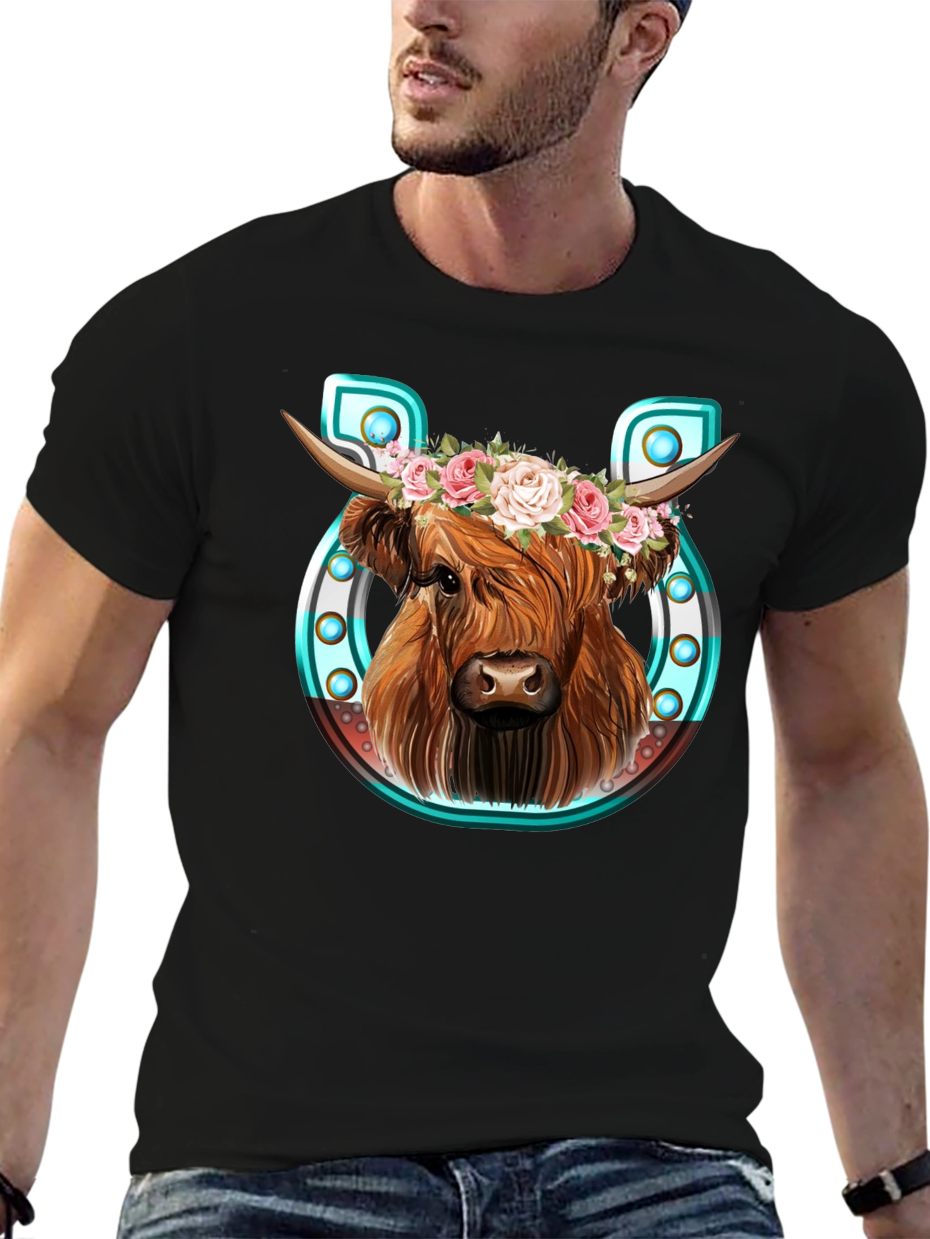 Black Highland Cow Flower Crown Graphic Tee view 6
