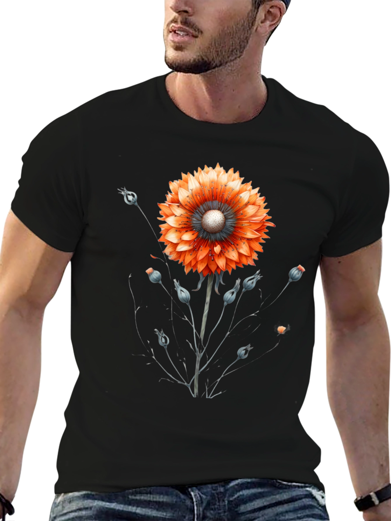 Black Floral Graphic Tee - Orange Bloom on Black view 6