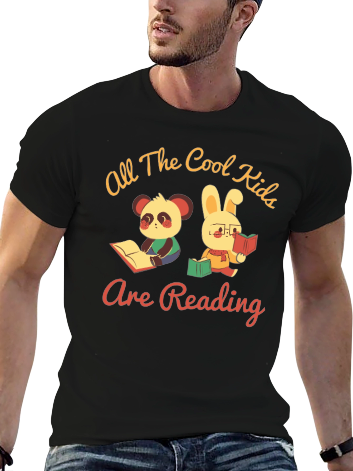 Black Cool Kids Reading T-Shirt: Panda & Bunny view 6