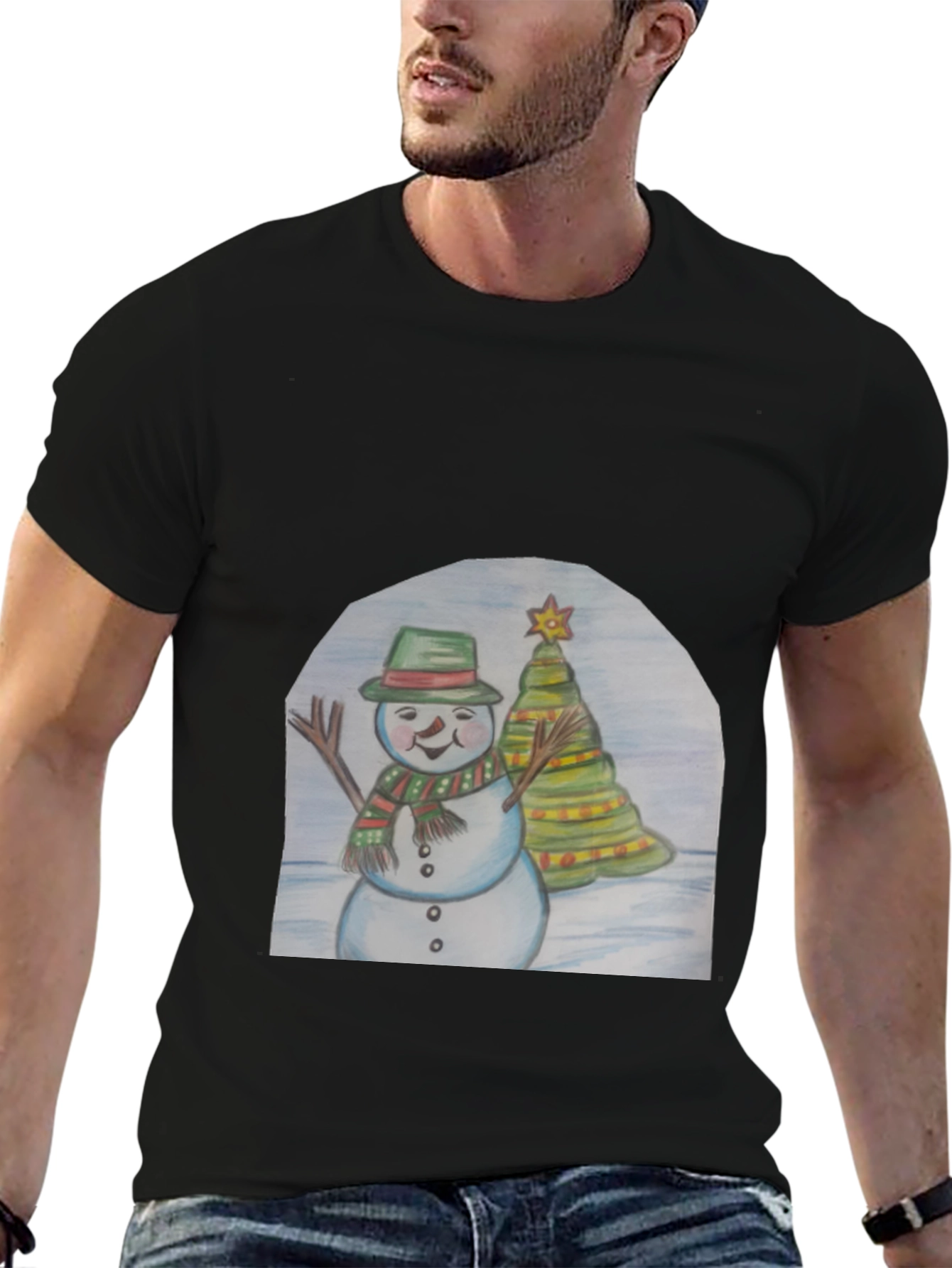 Black Festive Snowman & Christmas Tree T-Shirt view 6