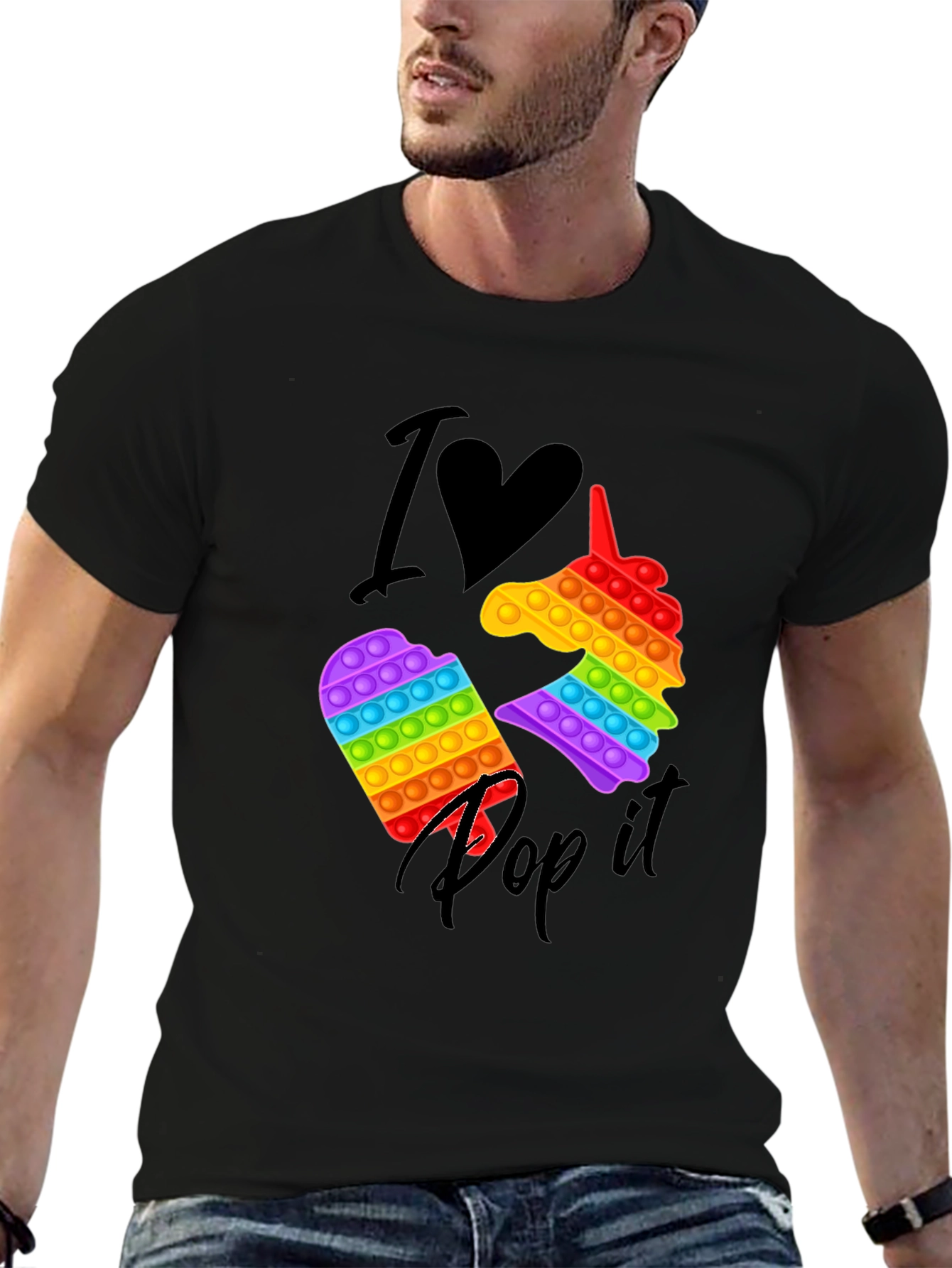 Black I Love Pop It T-Shirt, Unicorn & Square Design view 6
