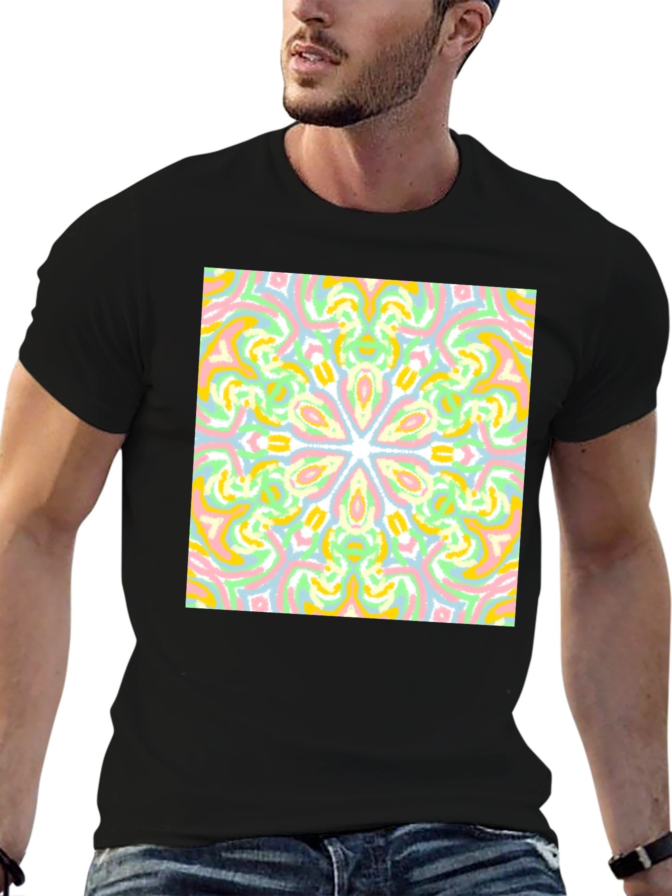Black Colorful Mandala Graphic Tee - Black Cotton Casual T-Shirt view 6