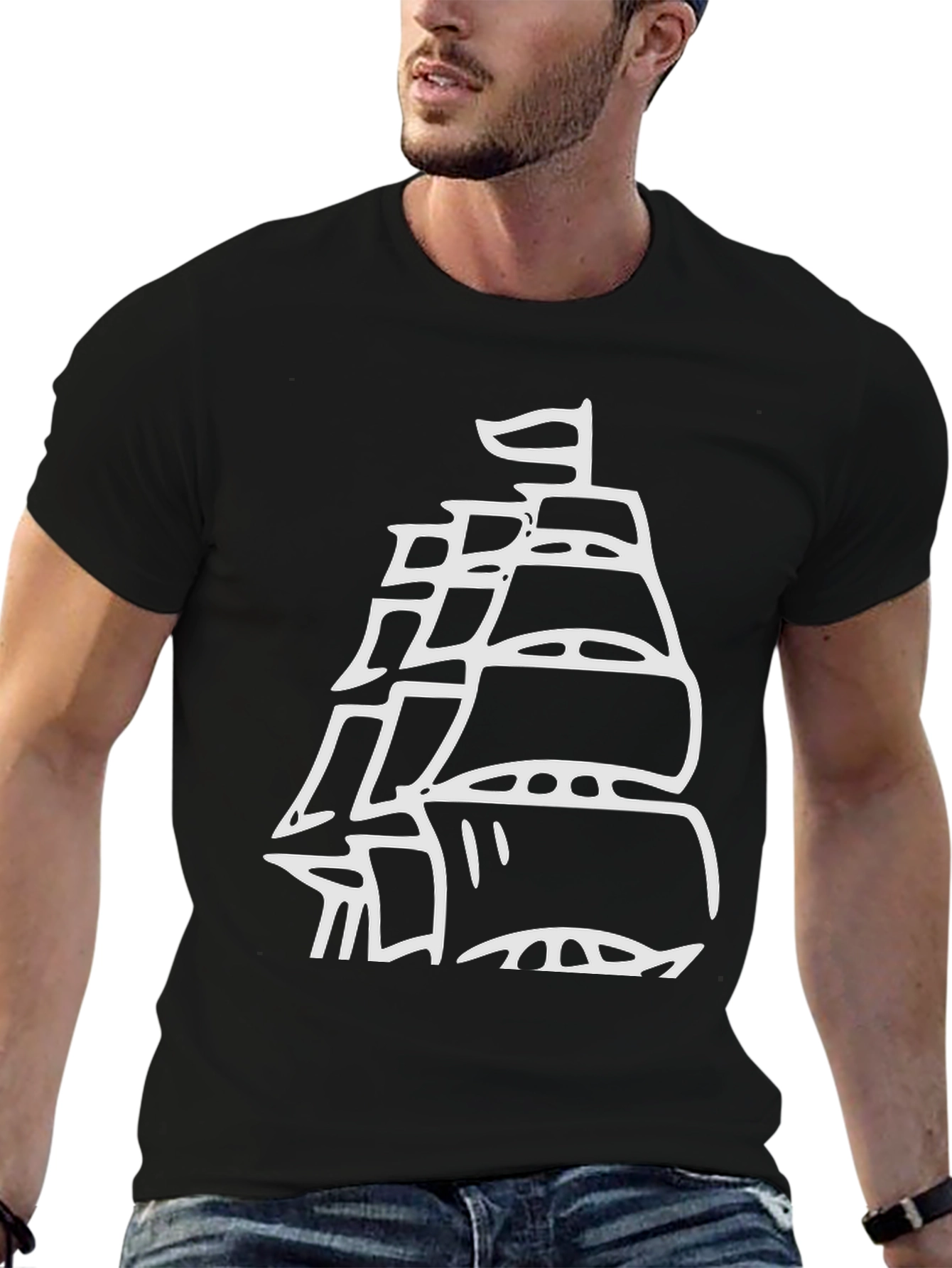 Black Black T-Shirt with White Ship Graphic view 6