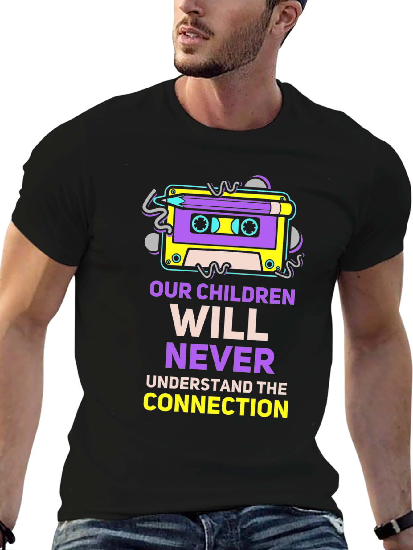 Black Retro Cassette Tape & Pencil Graphic T-Shirt view 6