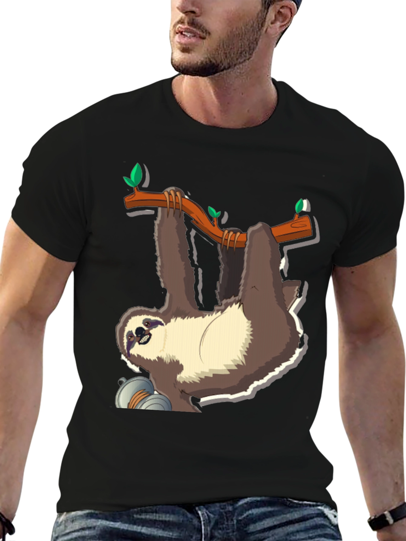 Black Sloth on Branch Graphic T-Shirt - Men's Black Tee view 6