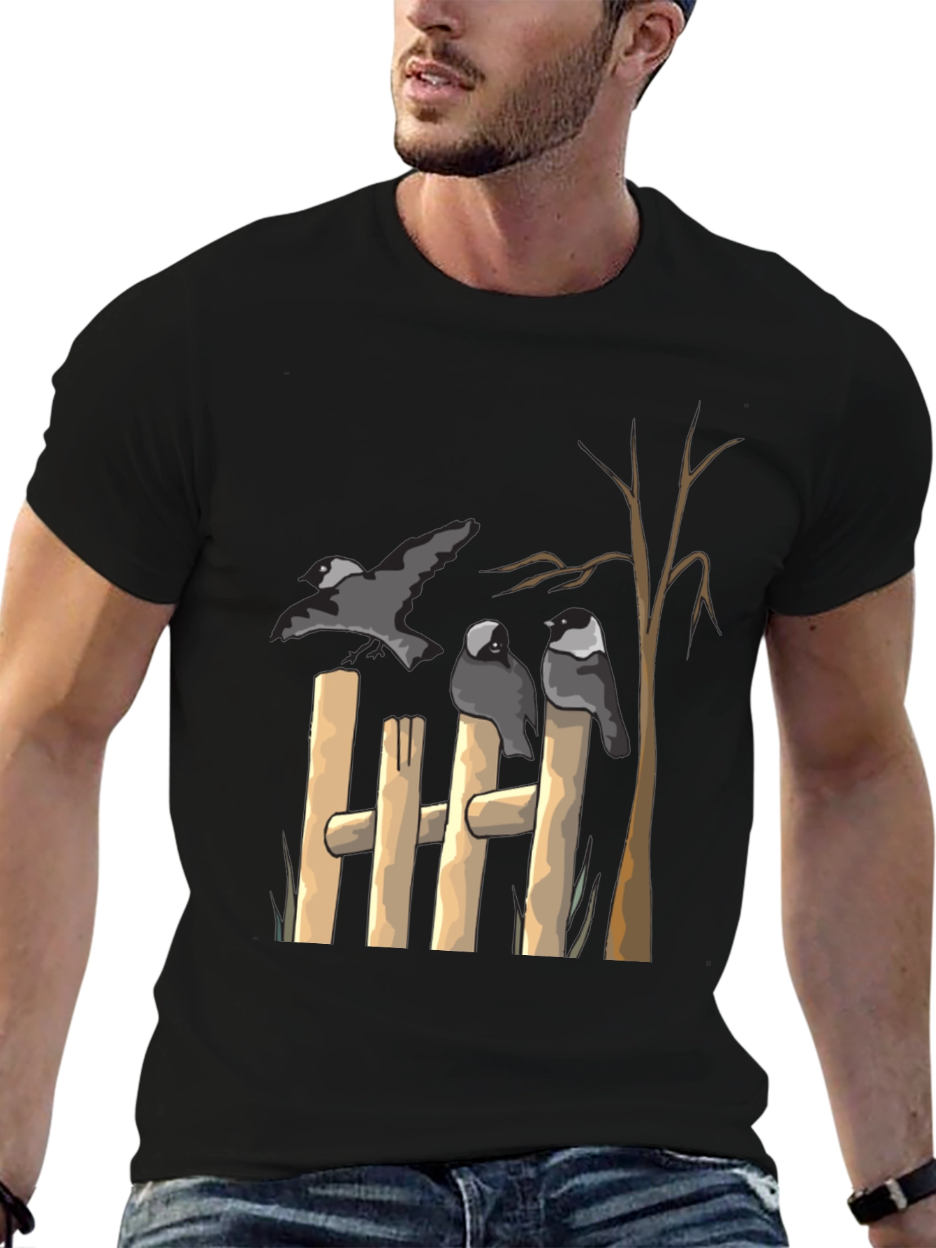 Black Birds on Fence Graphic Black T-Shirt view 6