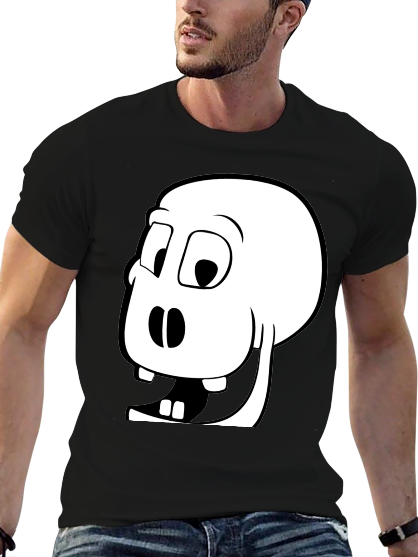 Black Funny Cartoon Skull Graphic Tee - Black Cotton Blend view 6