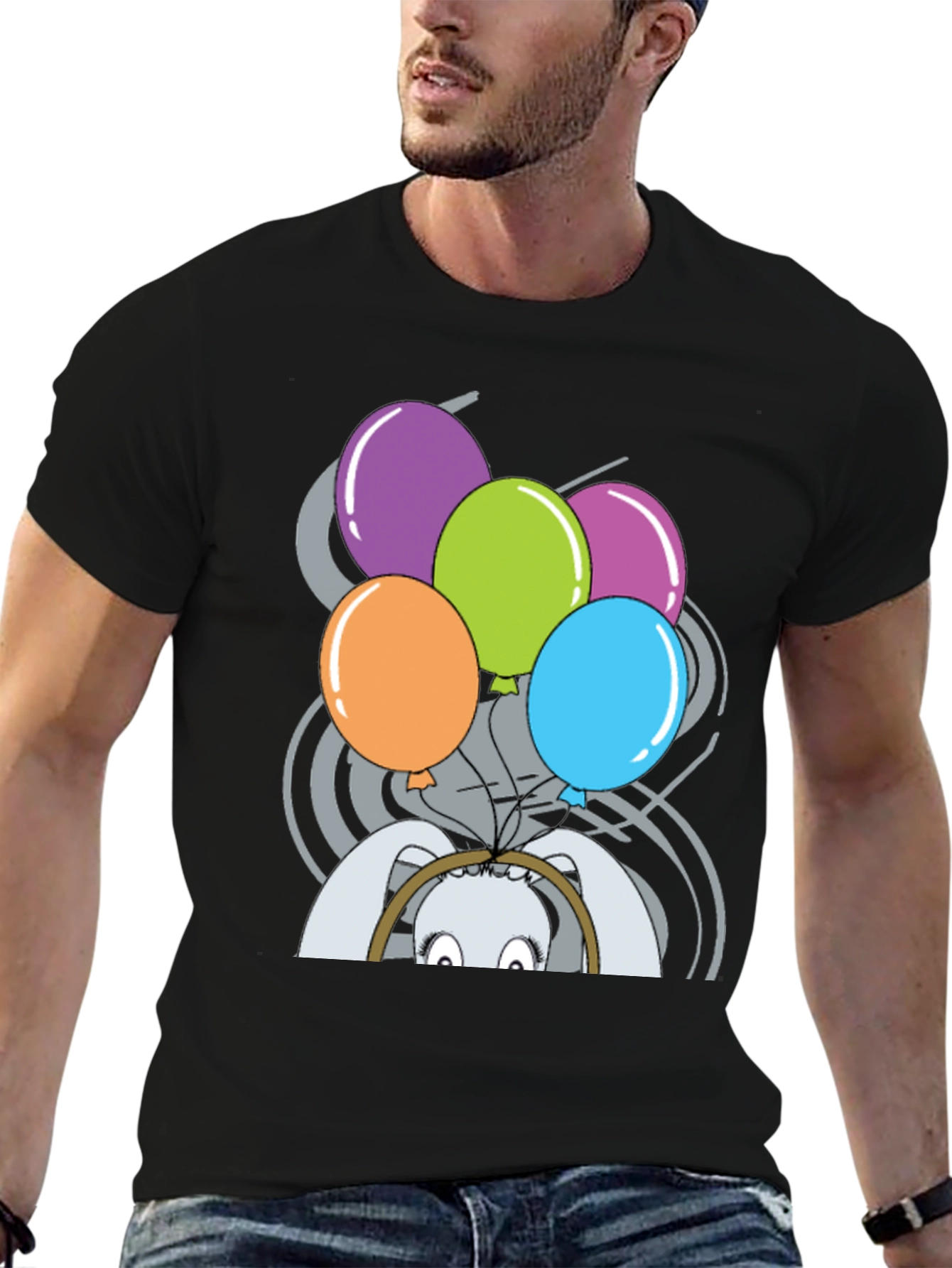 Black Funny Rabbit with Balloons T-Shirt view 6