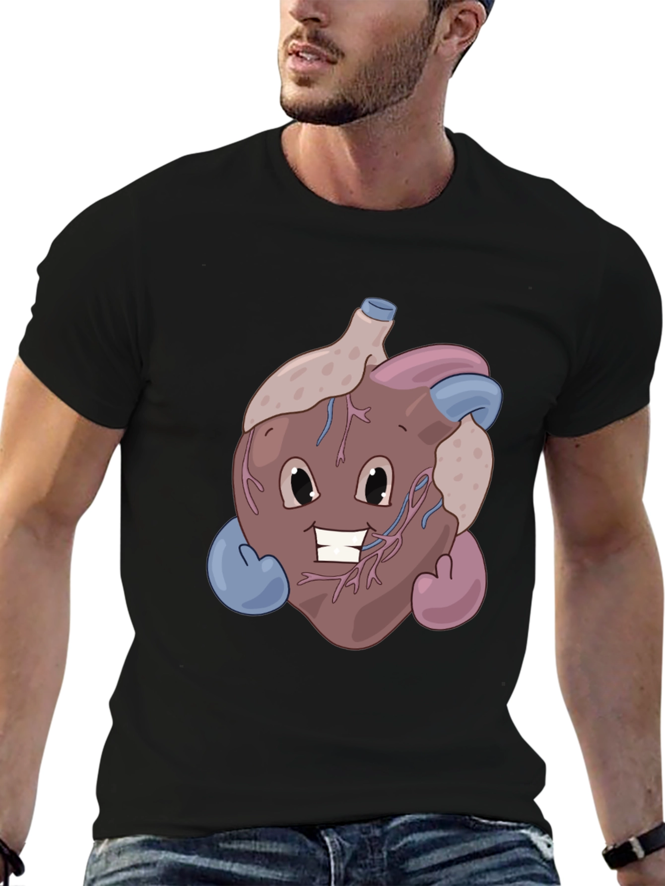 Black Funny Cartoon Heart T-Shirt - Anatomically Awesome! view 6