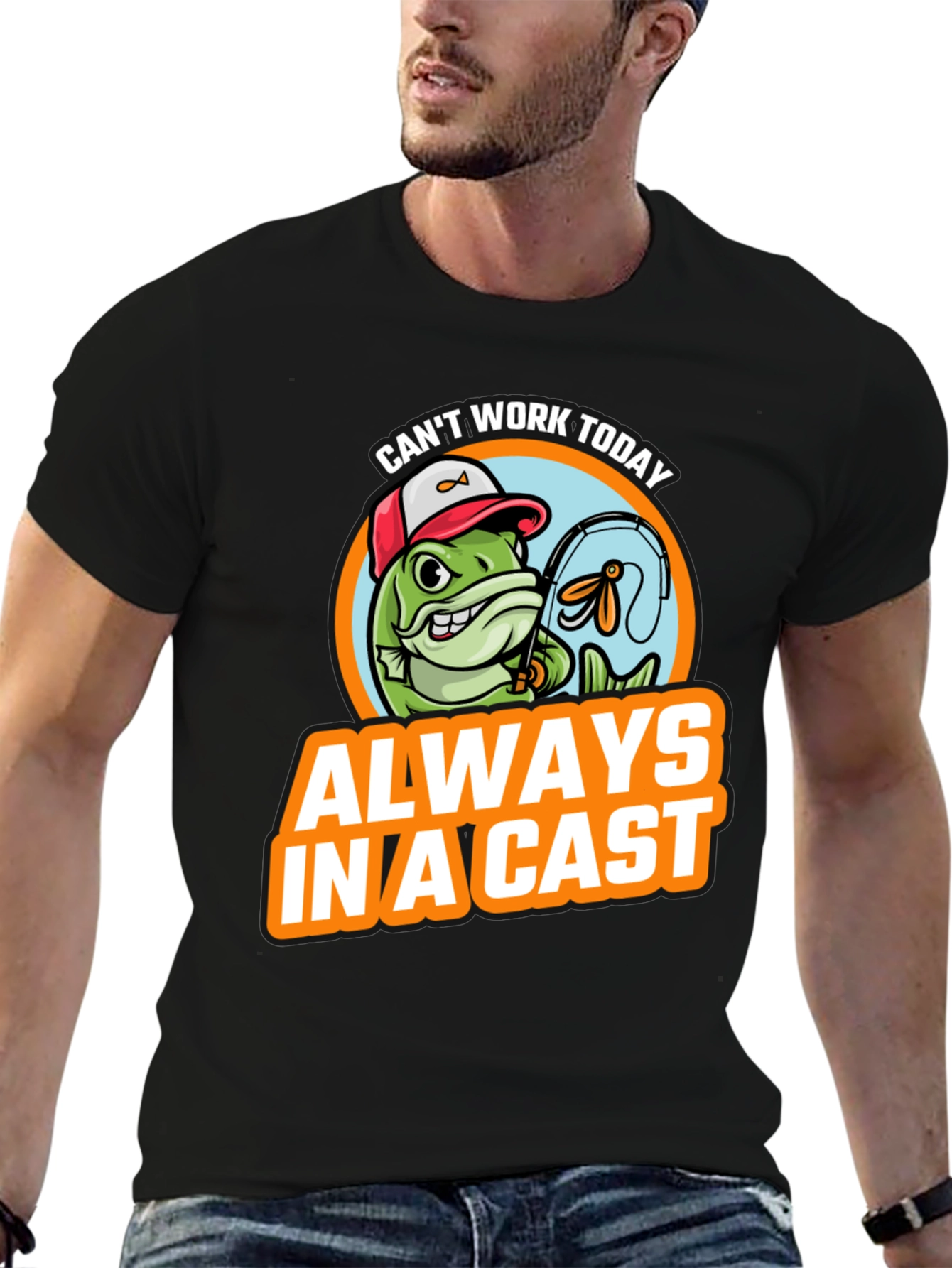 Black Funny Fishing T-Shirt - "Always In A Cast" view 6