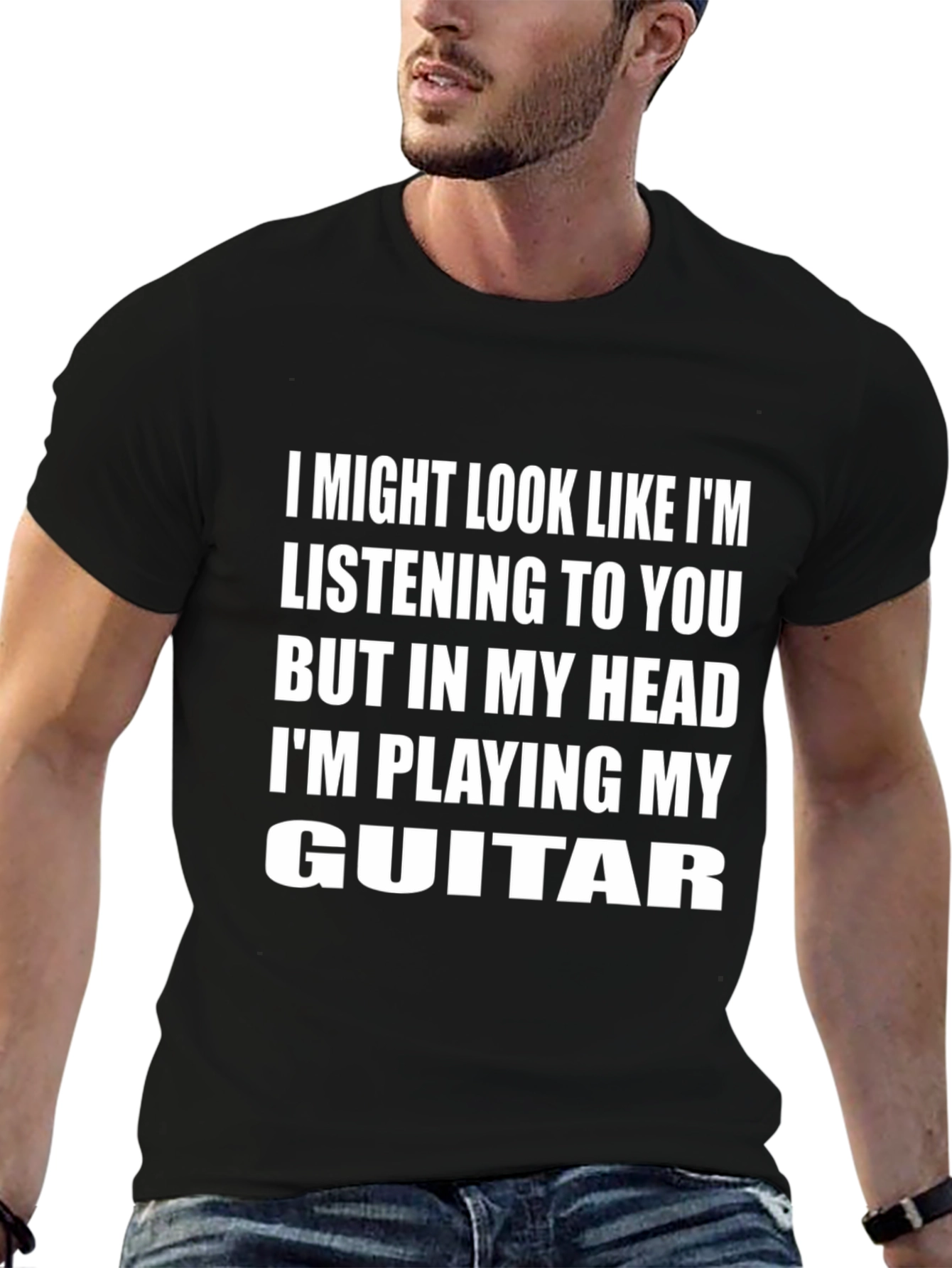 Black Guitar Player T-Shirt: I'm Playing My Guitar view 6