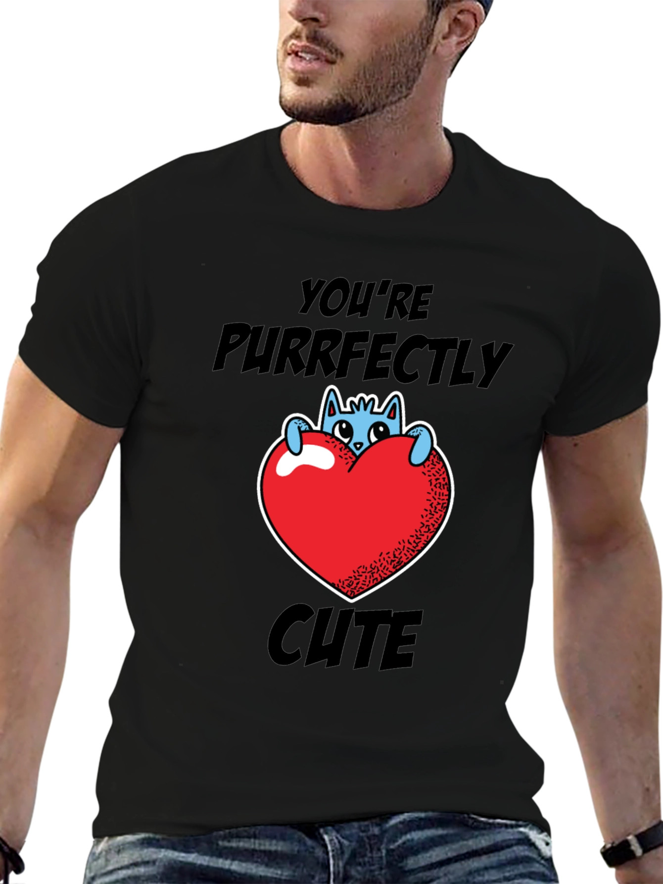 Black Purrfectly Cute Cat Heart Graphic T-Shirt view 6