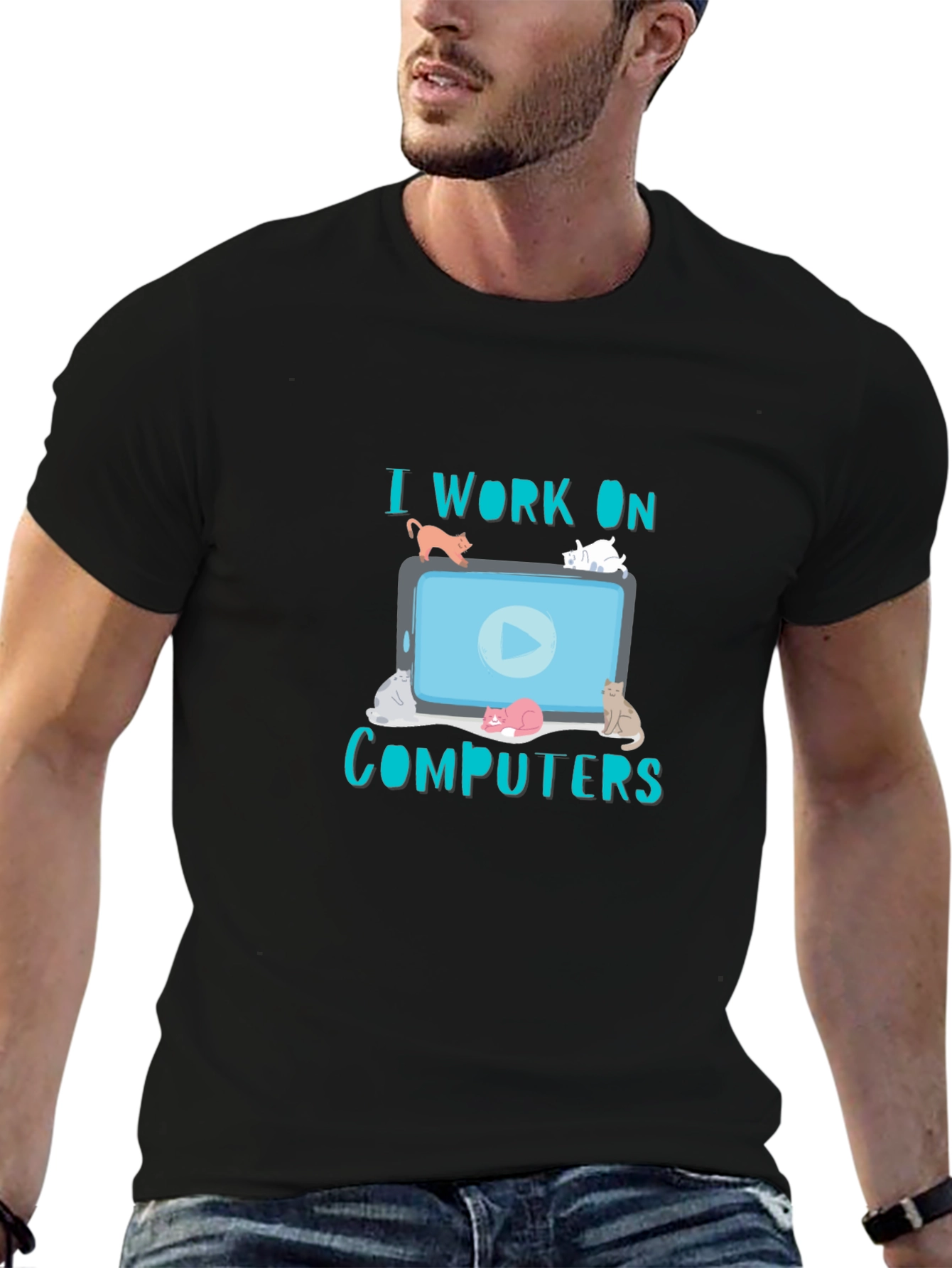 Black I Work On Computers Cat T-Shirt view 6