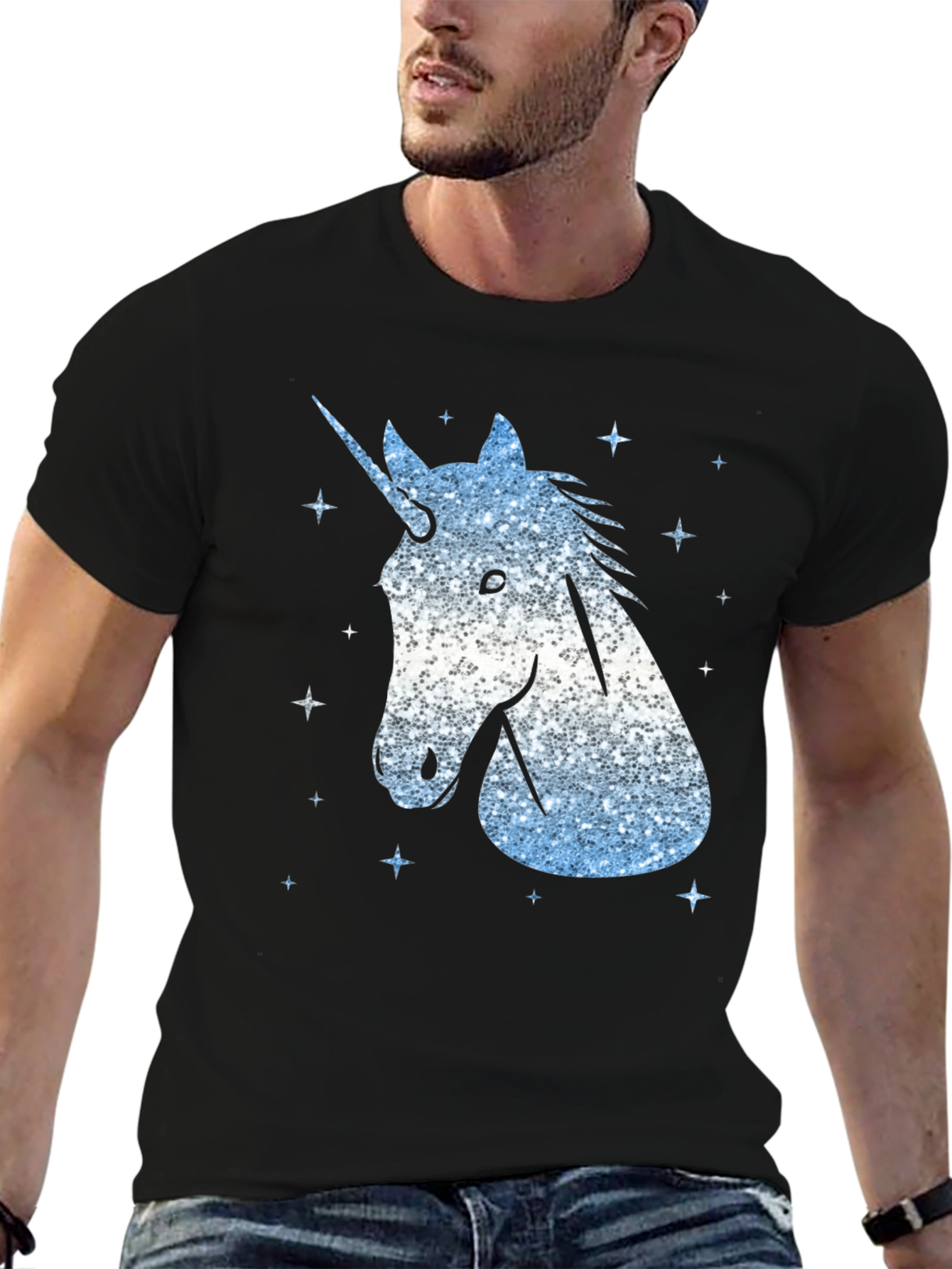 Black Unicorn Glitter Graphic Tee - Men's Black T-Shirt view 6