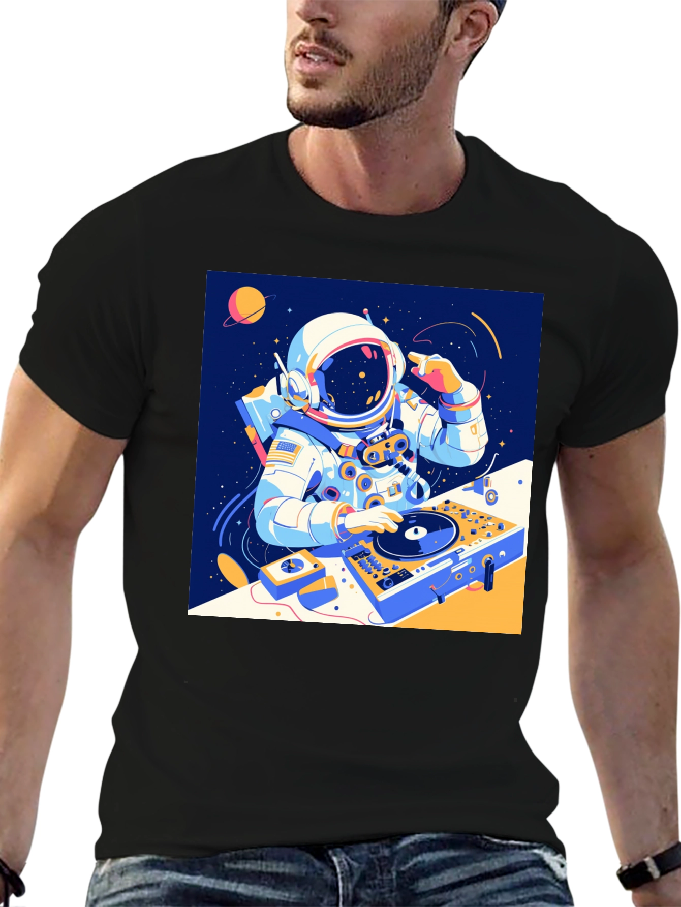 Black Astronaut DJ Graphic T-Shirt - Space Music view 6