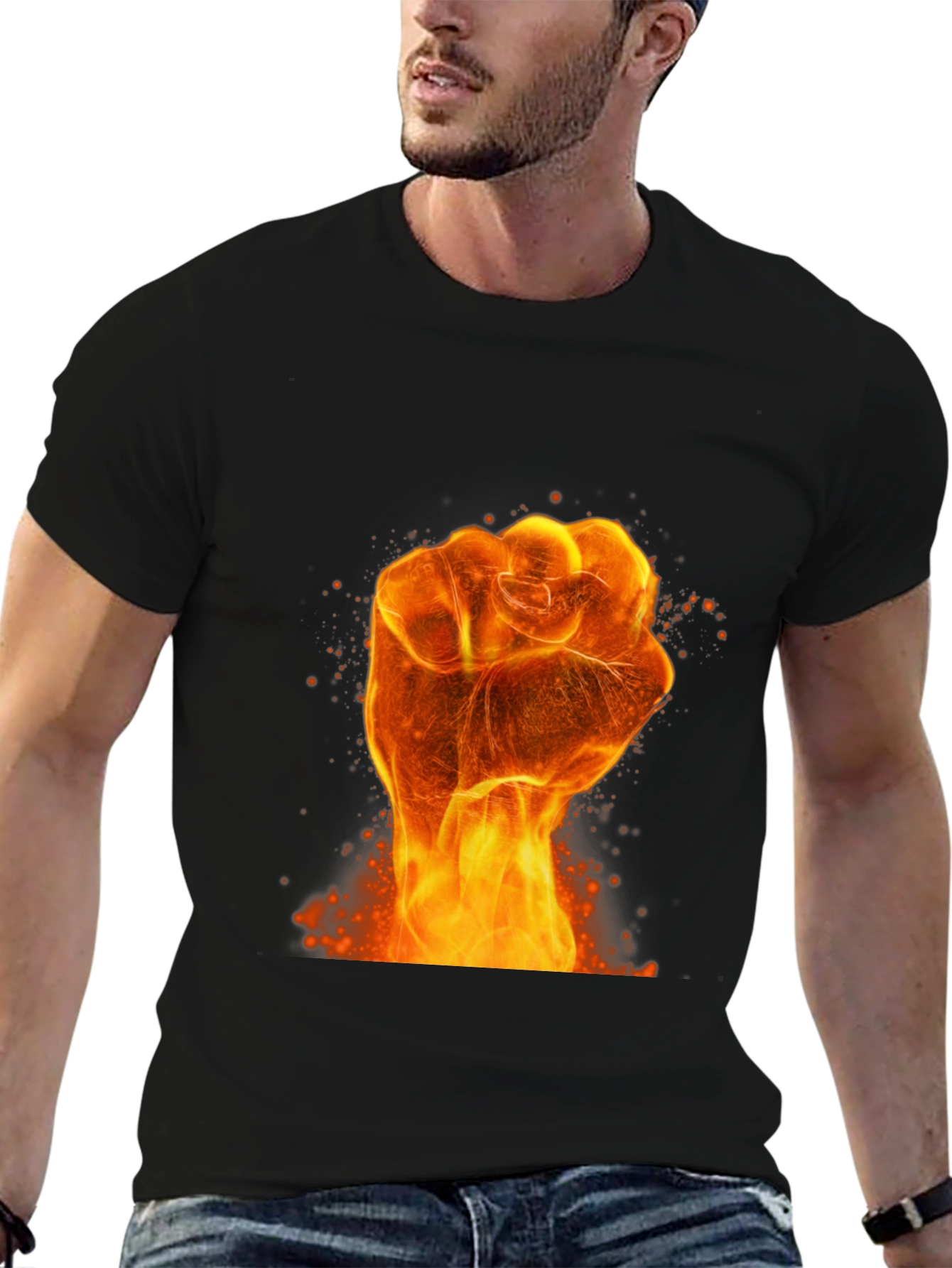 Black Fiery Fist Graphic Print Black T-Shirt view 6