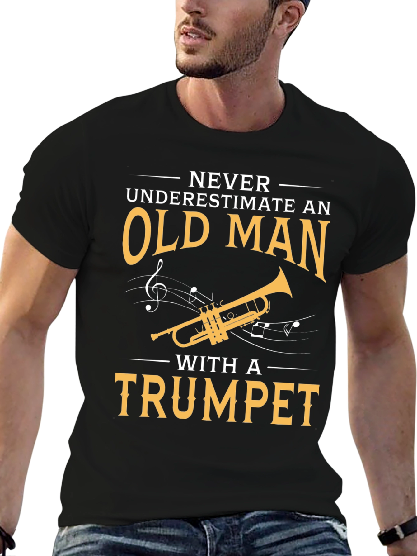Black Never Underestimate Old Man with Trumpet T-Shirt view 6