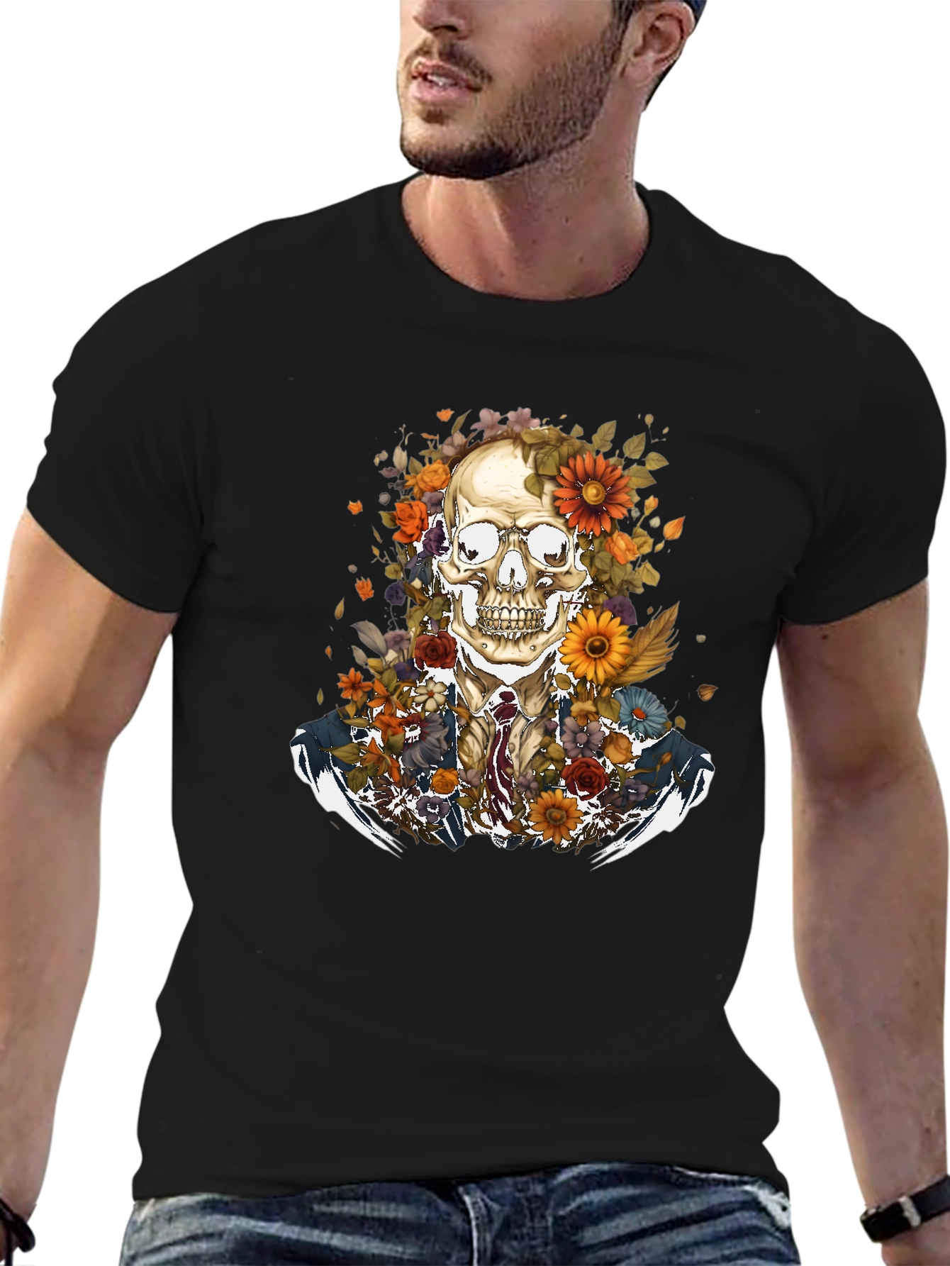 Black Floral Skull Graphic Tee - Stylish Menswear view 6