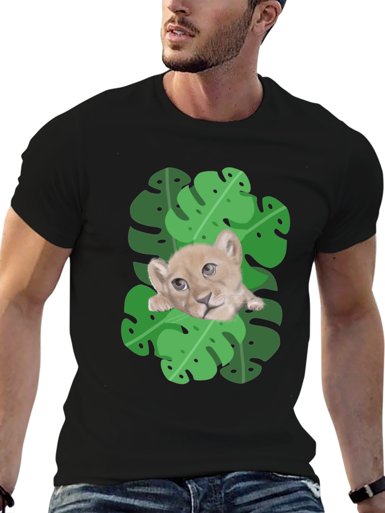 Black Lion Cub in Leaves Graphic T-Shirt - Black view 6