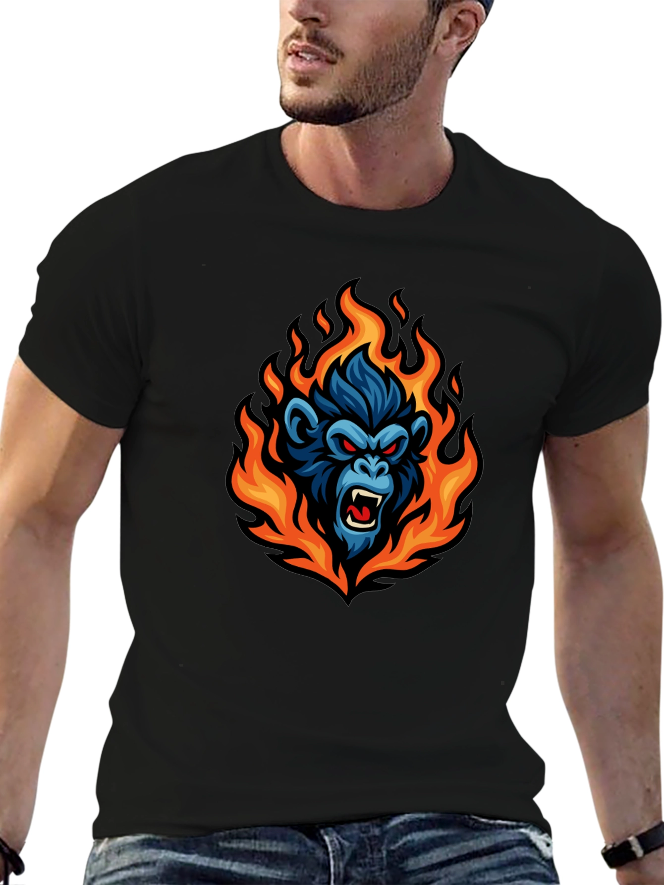 Black Fiery Gorilla Graphic Tee - Black Cotton T-Shirt view 6