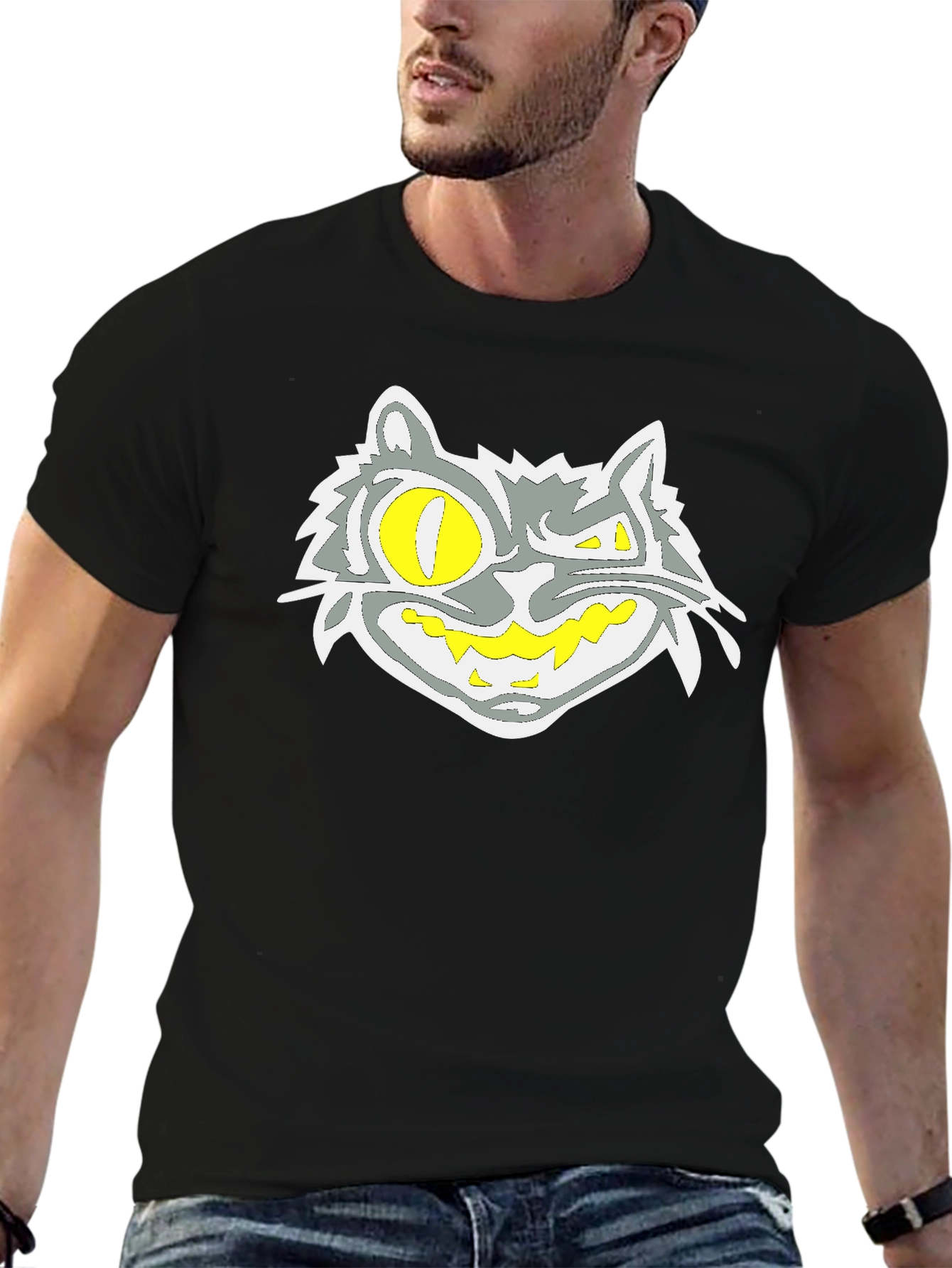 Black Grinning Cat Graphic Black Tee view 6