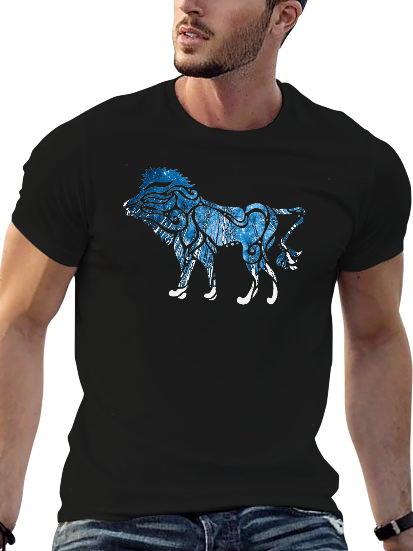 Black Artistic Lion Graphic Print Black T-Shirt view 6