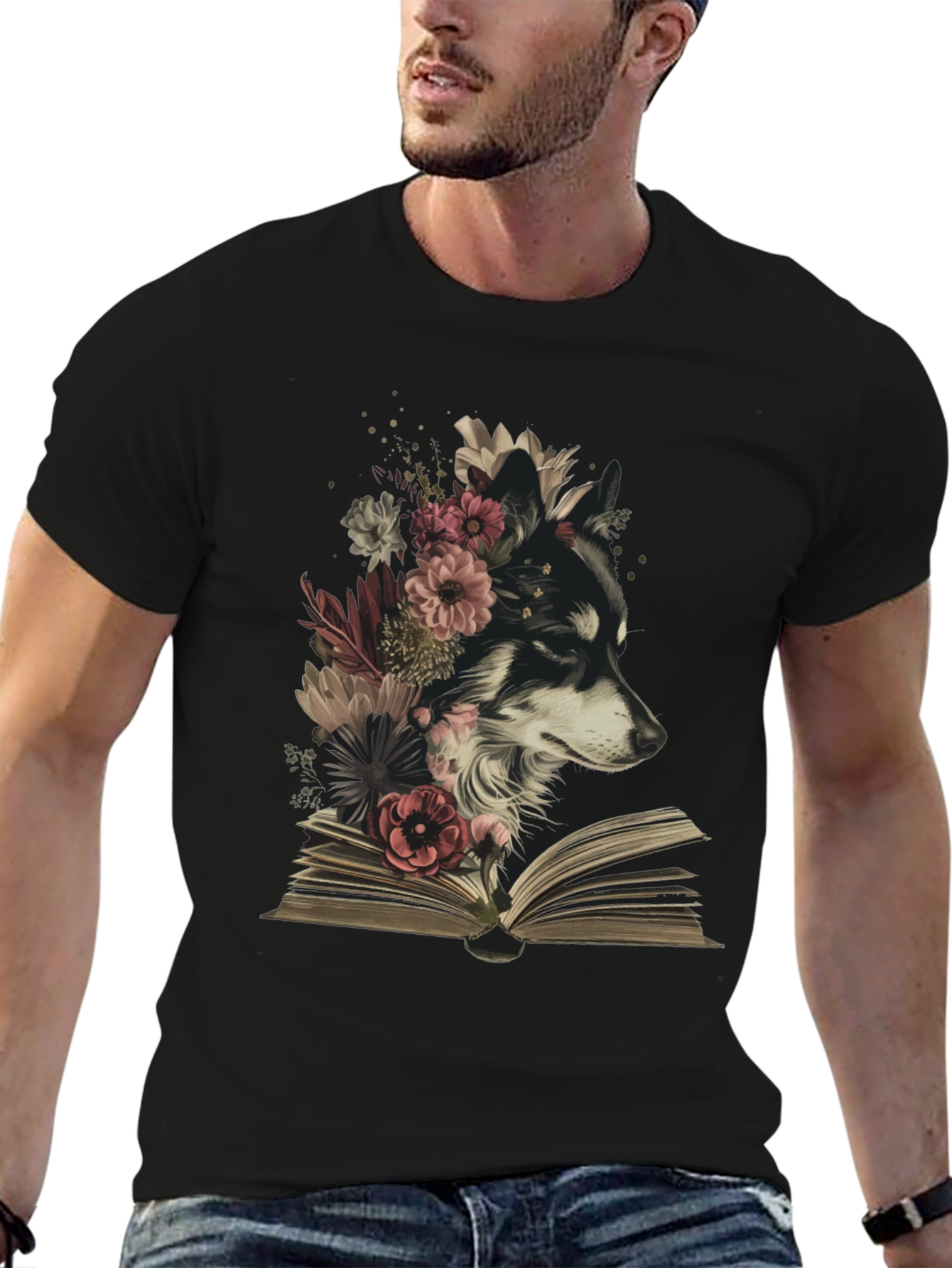 Black Floral Dog Book T-Shirt - Black view 6