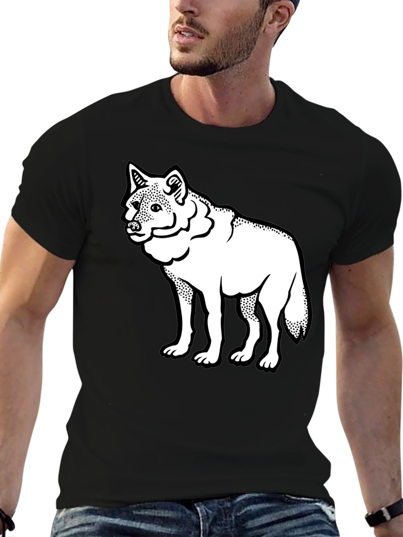 Black Black T-Shirt with White Wolf Graphic Print view 6