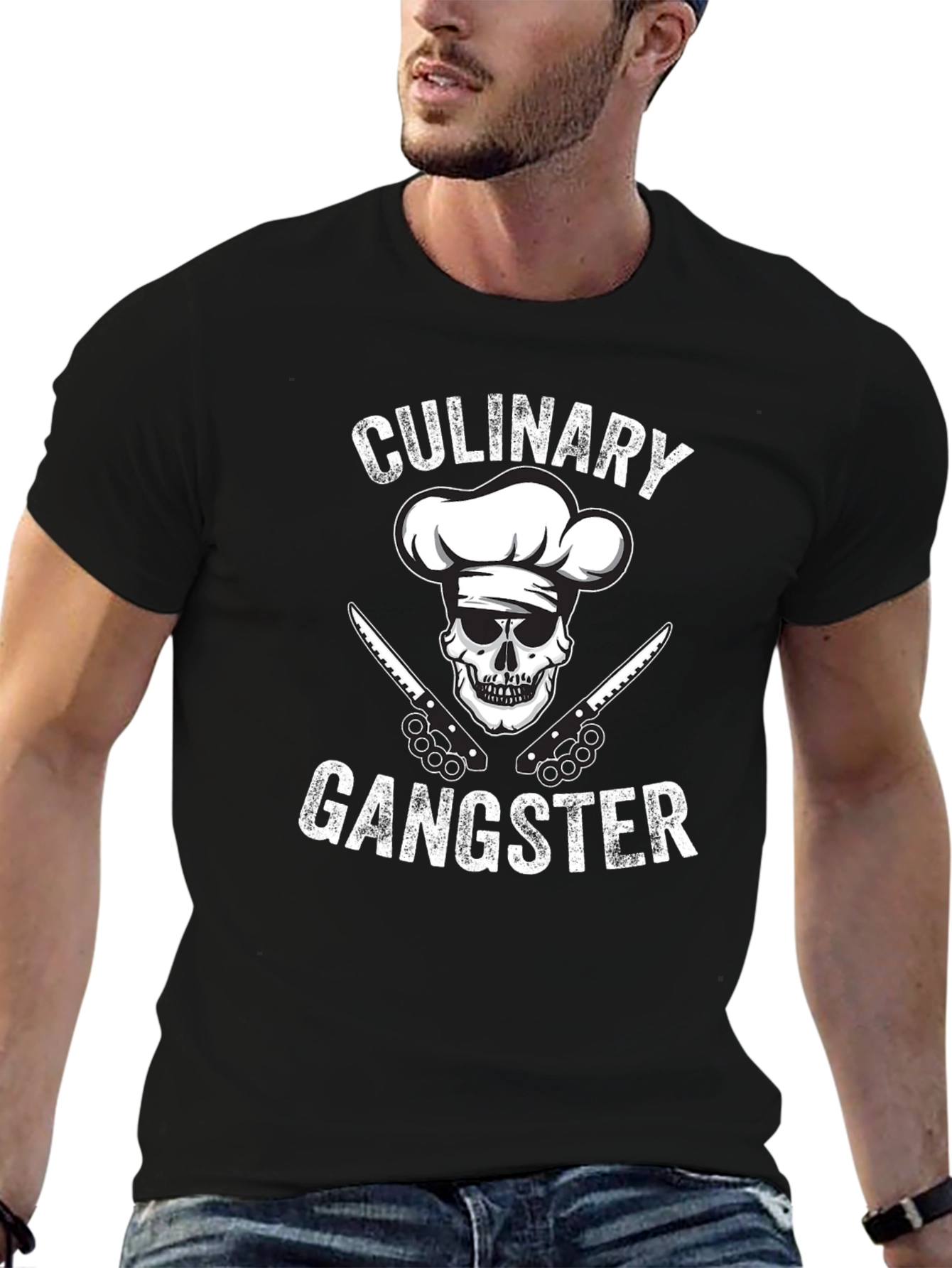 Black Culinary Gangster Black T-Shirt: Skull Chef Design view 6