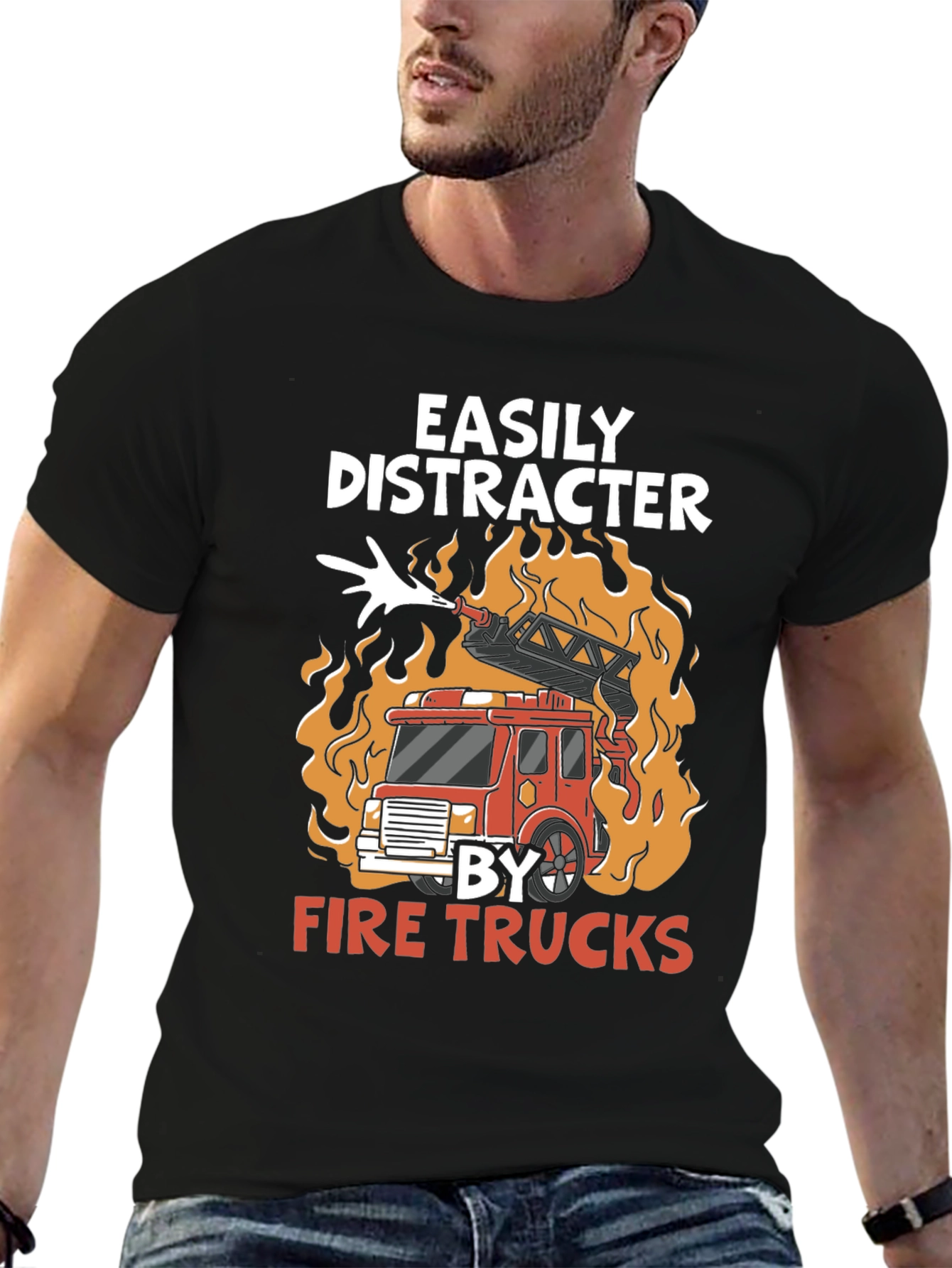 Black Easily Distracted By Fire Trucks T-Shirt view 6