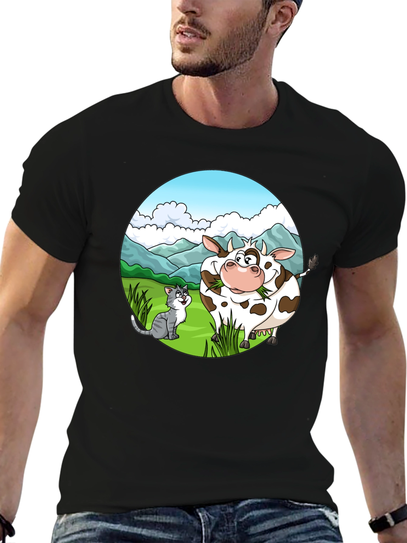 Black Cartoon Cow and Cat Graphic Black T-Shirt view 6