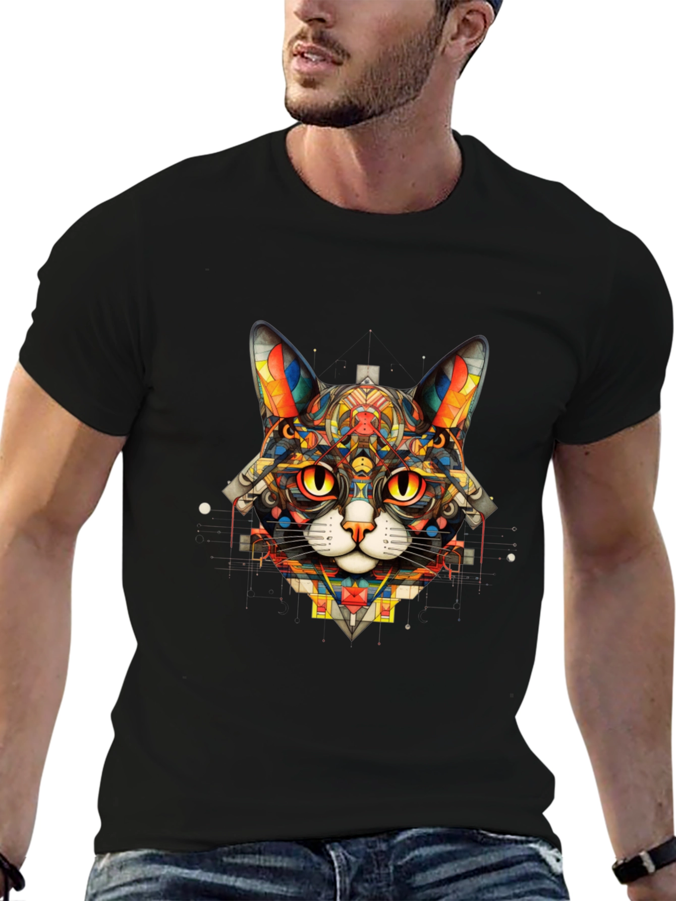 Black Geometric Cat T-Shirt - Unique Art Design view 6