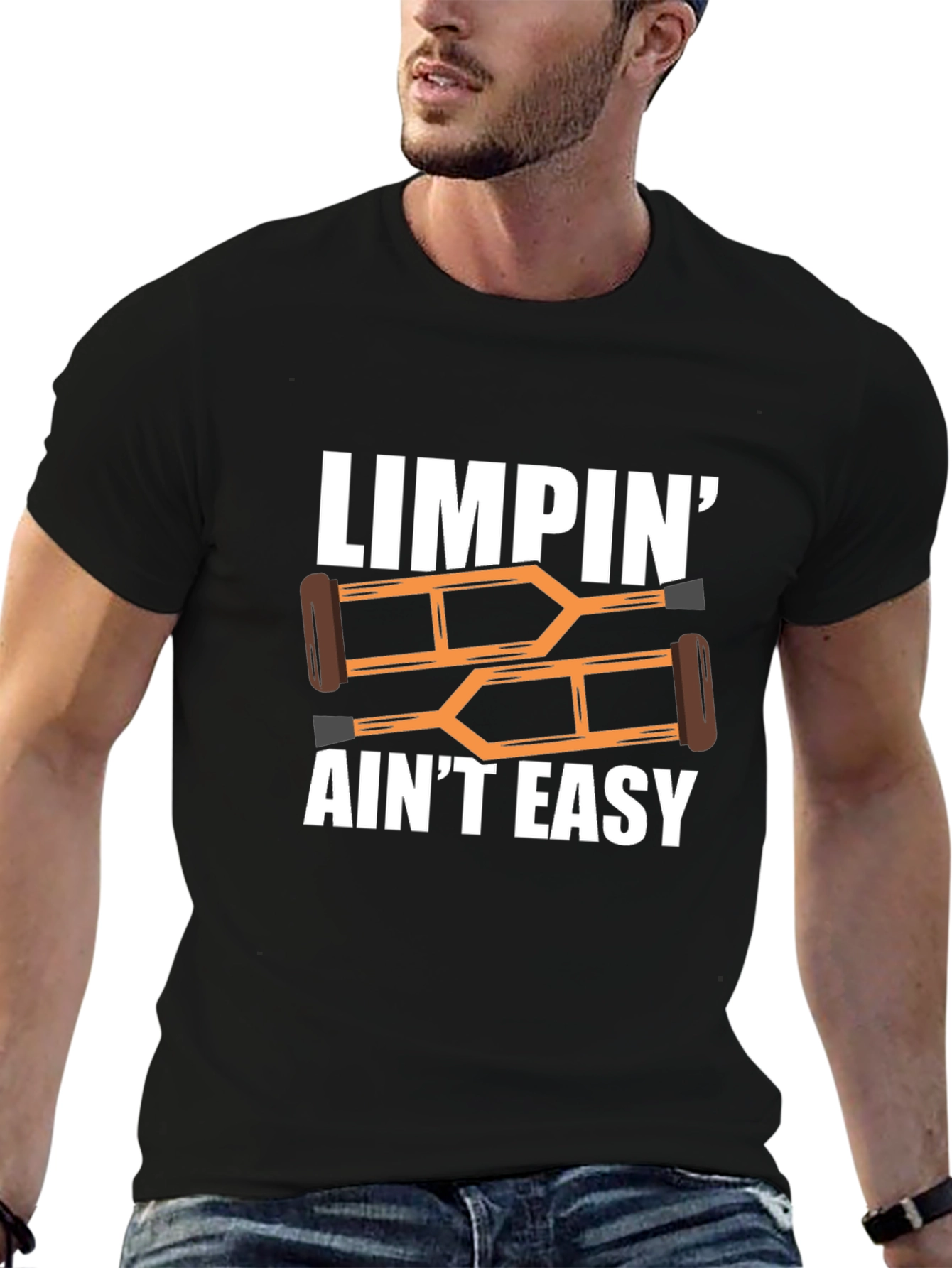 Black Limpin' Ain't Easy T-Shirt Funny Crutches Injury Get Well Tee view 6