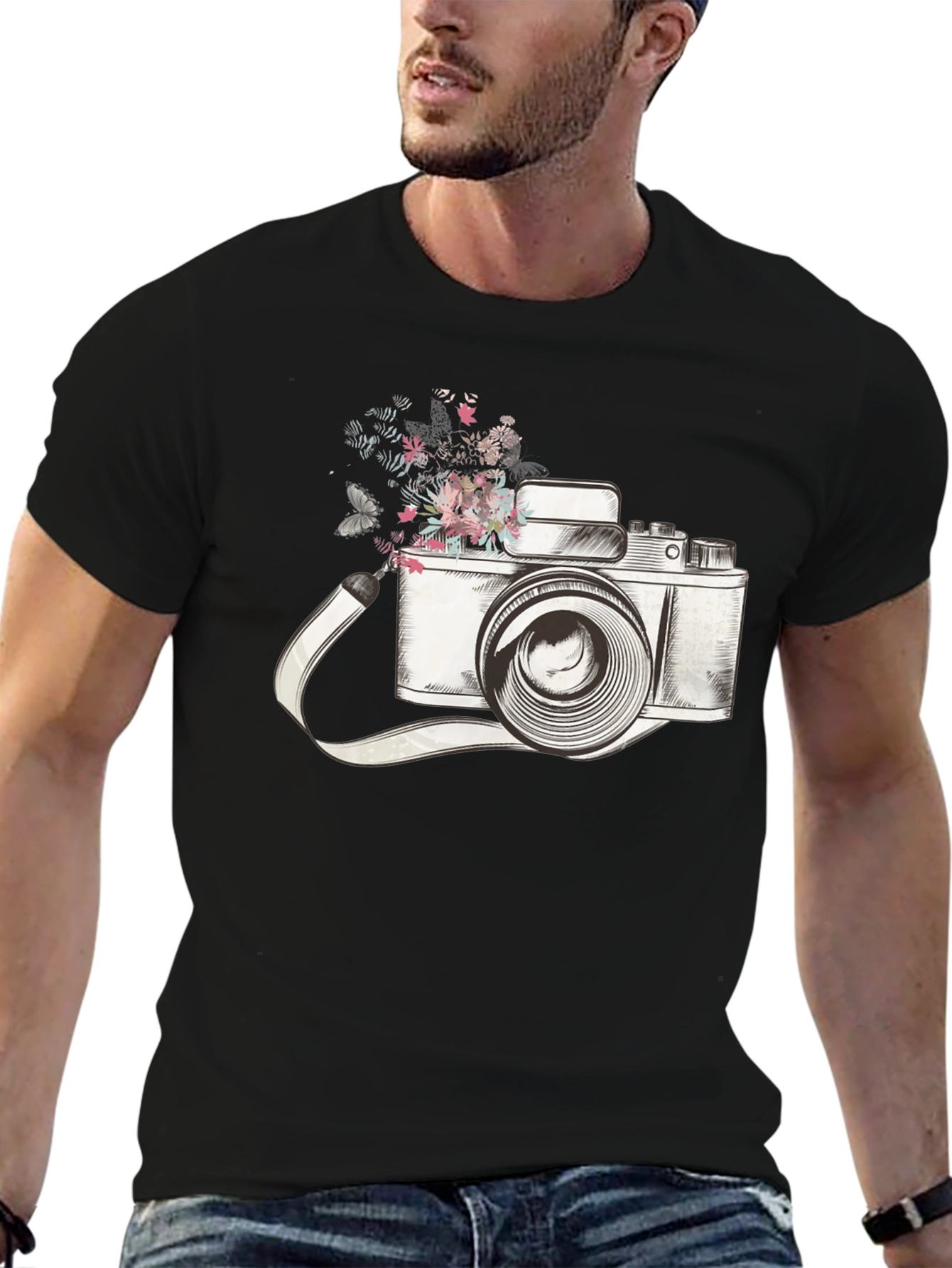 Black Floral Camera Graphic Tee - Trendy Unisex T-Shirt view 6
