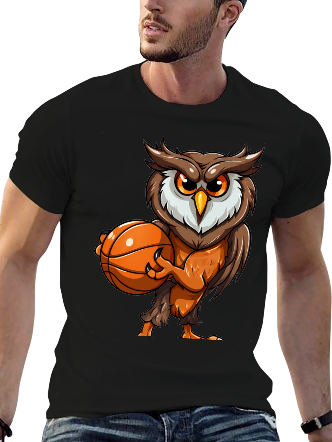 Black Owl Basketball Graphic Tee - Black Cotton T-Shirt view 6