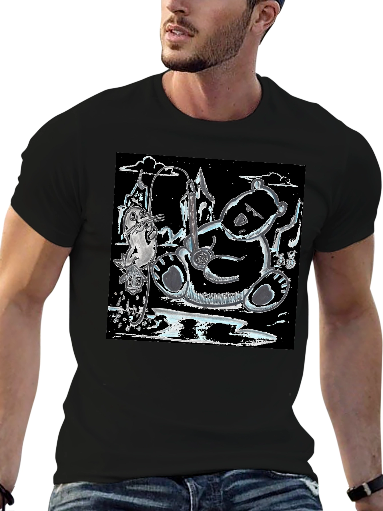 Black Unique Graphic Tee: Bear, Seal, and Musical Notes Art view 6
