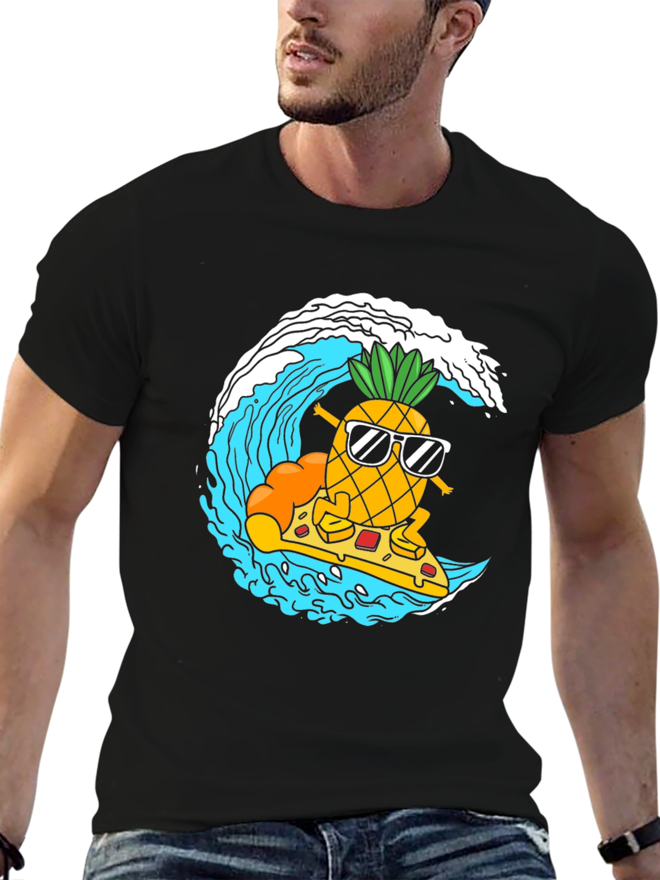 Black Surfing Pineapple Pizza T-Shirt view 6