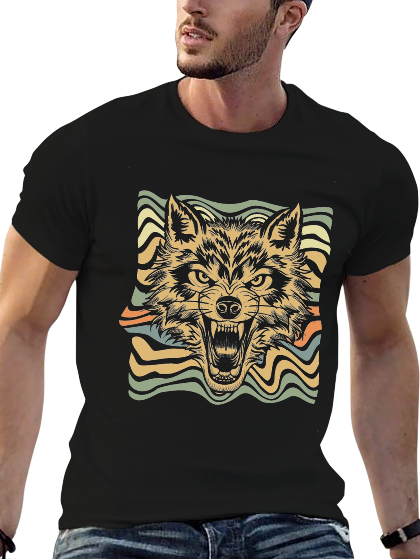 Black Retro Wolf Graphic Tee - Stylish Black T-Shirt view 6