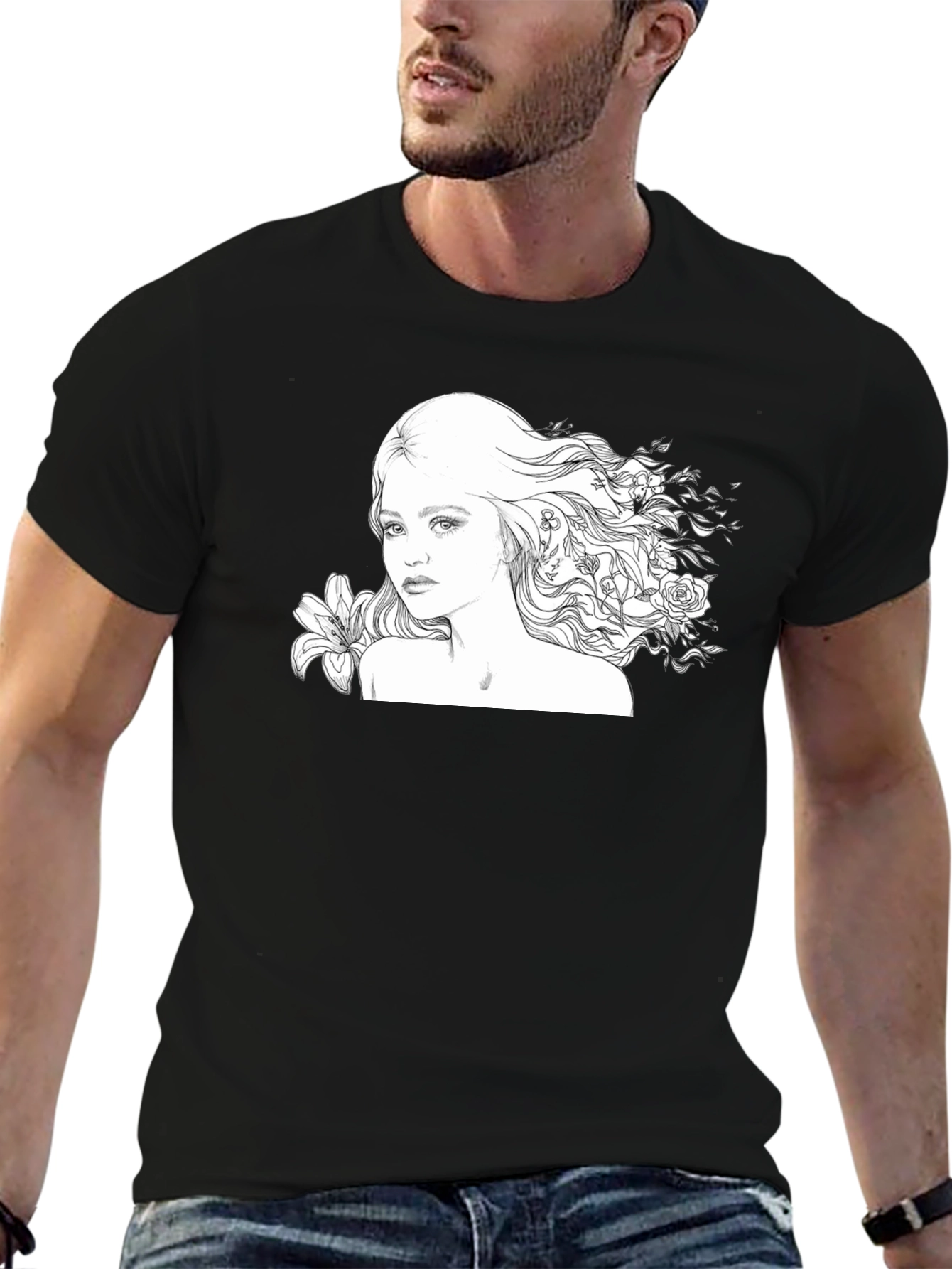 Black Floral Woman Graphic Tee - Black Cotton Blend view 6