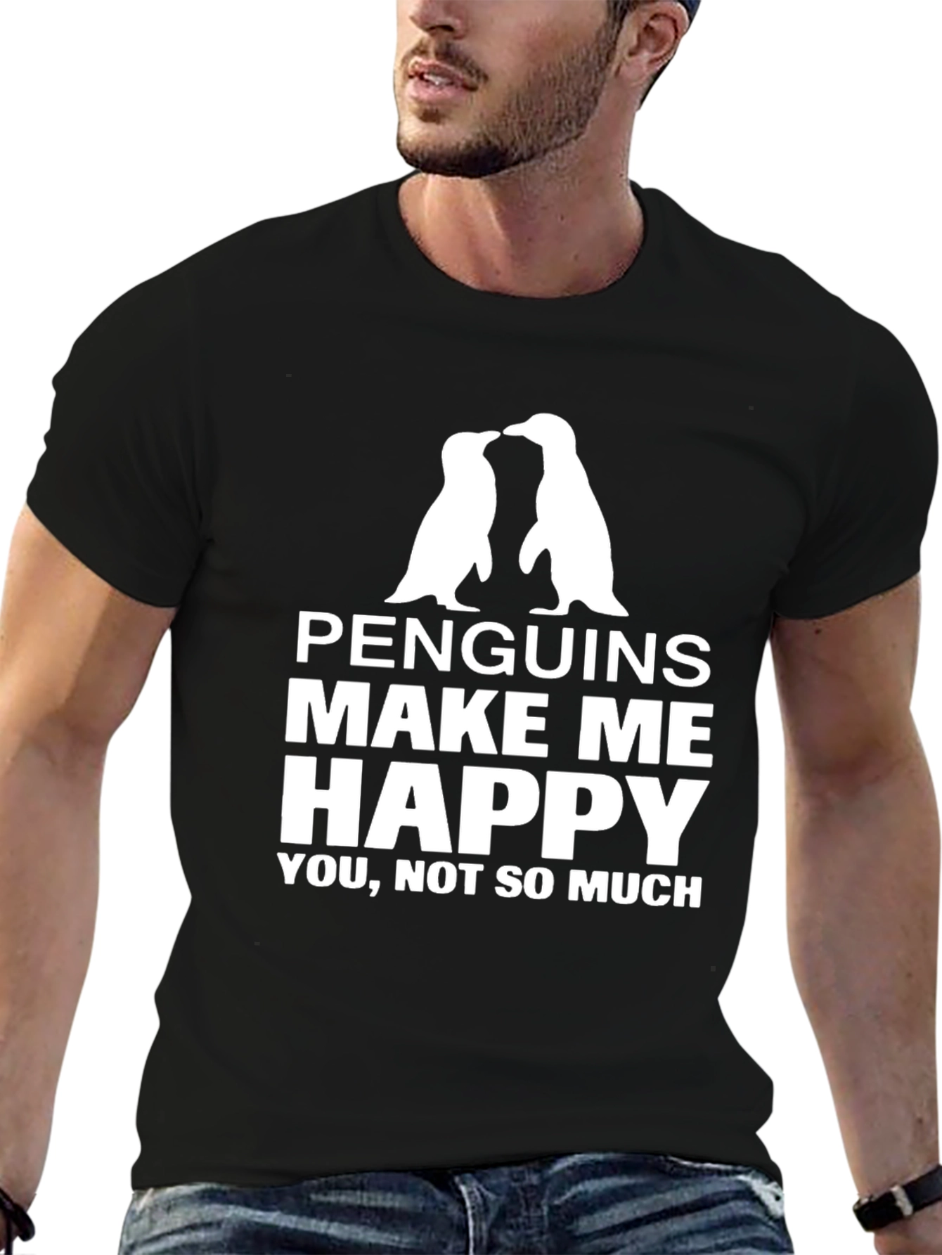 Black Penguin Lover T-Shirt: Penguins Make Me Happy Graphic Tee view 6