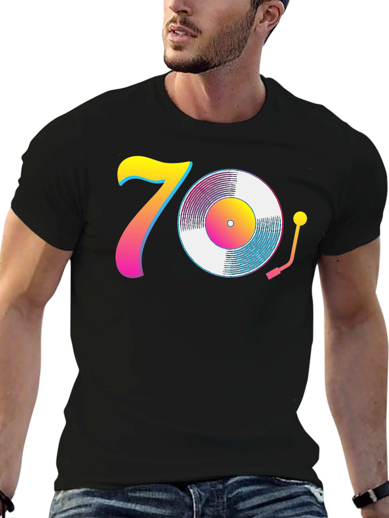 Black 70s Retro Vinyl Record T-Shirt - Black view 6