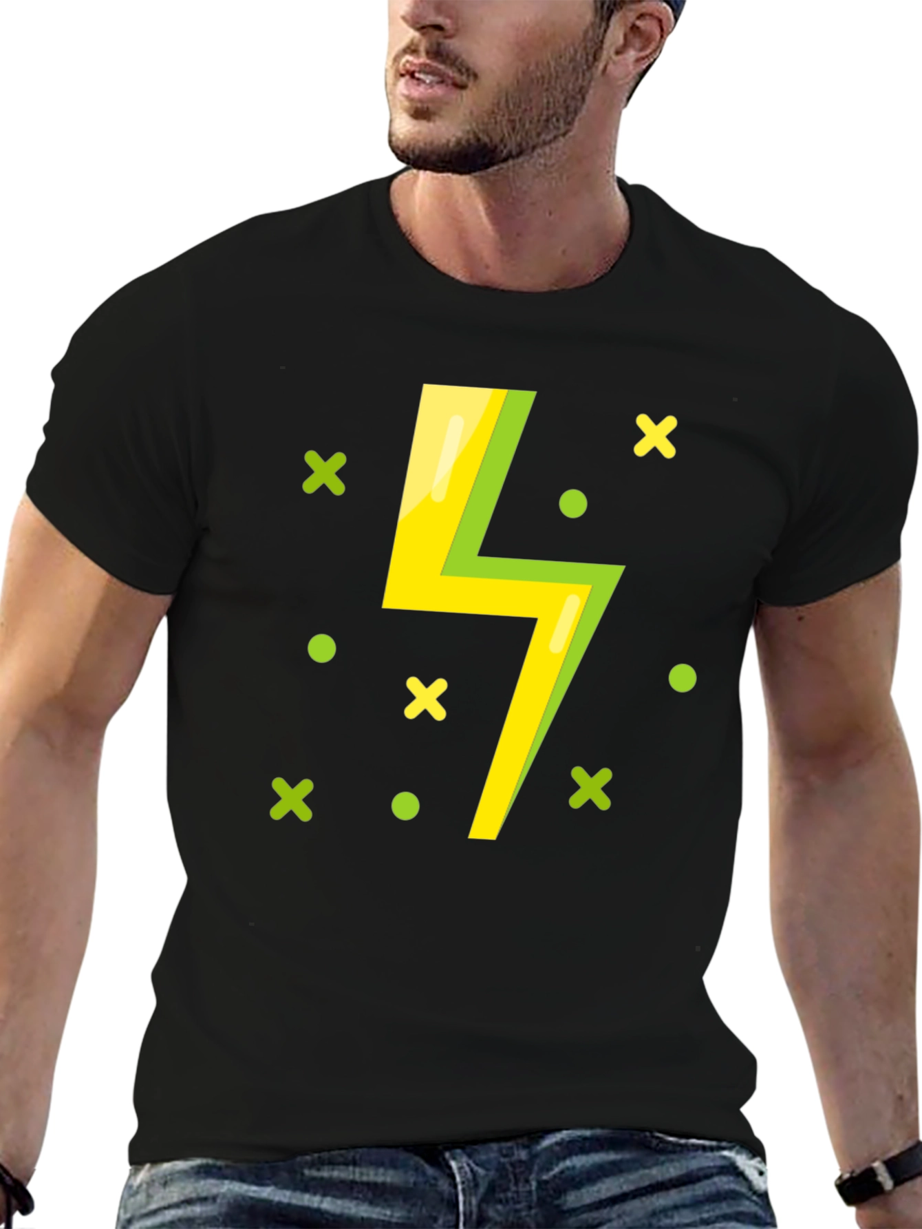 Black Lightning Bolt Graphic T-Shirt - Black Cotton Tee view 6