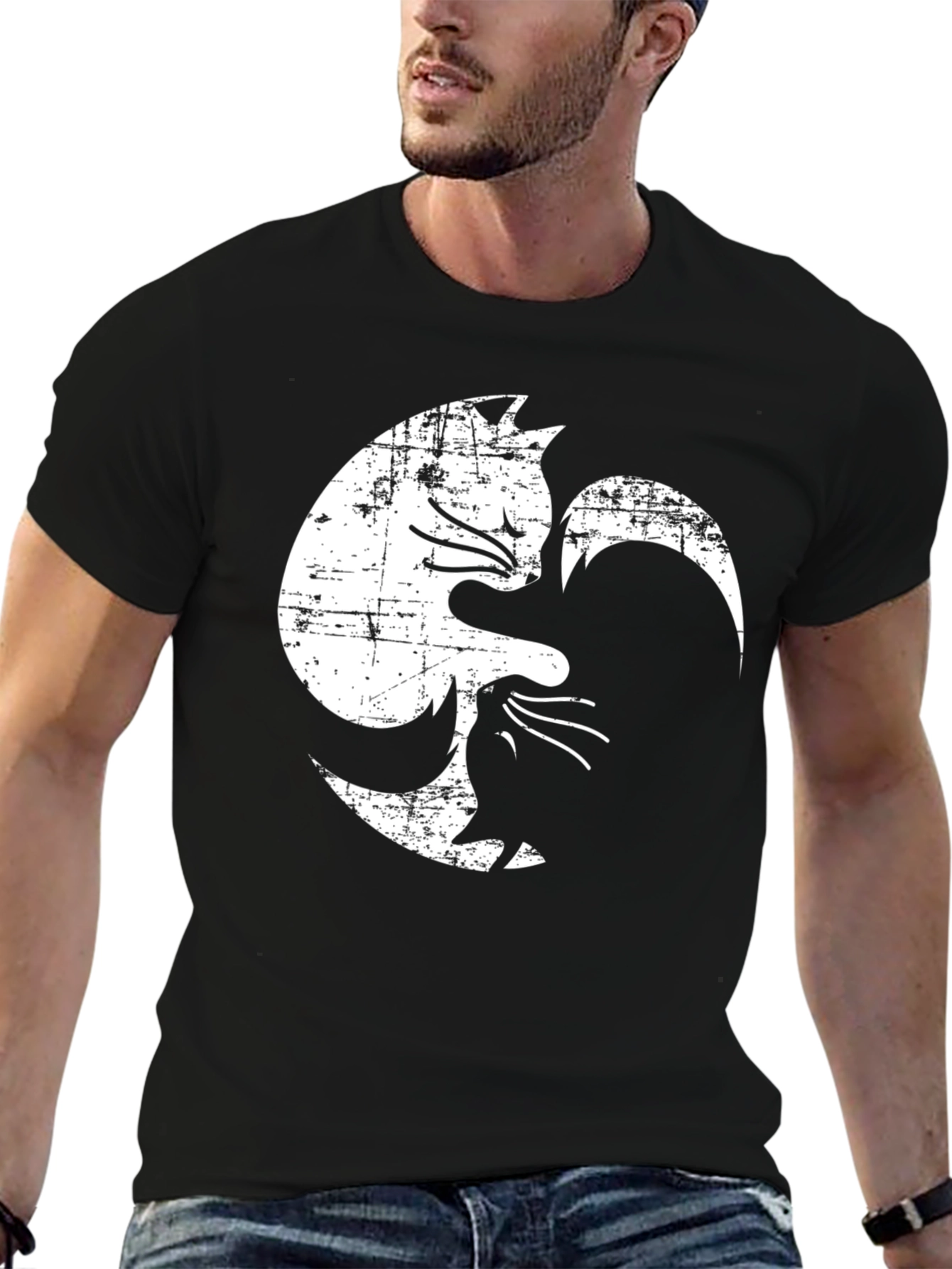 Black Yin Yang Cats T-Shirt - Distressed Graphic view 6