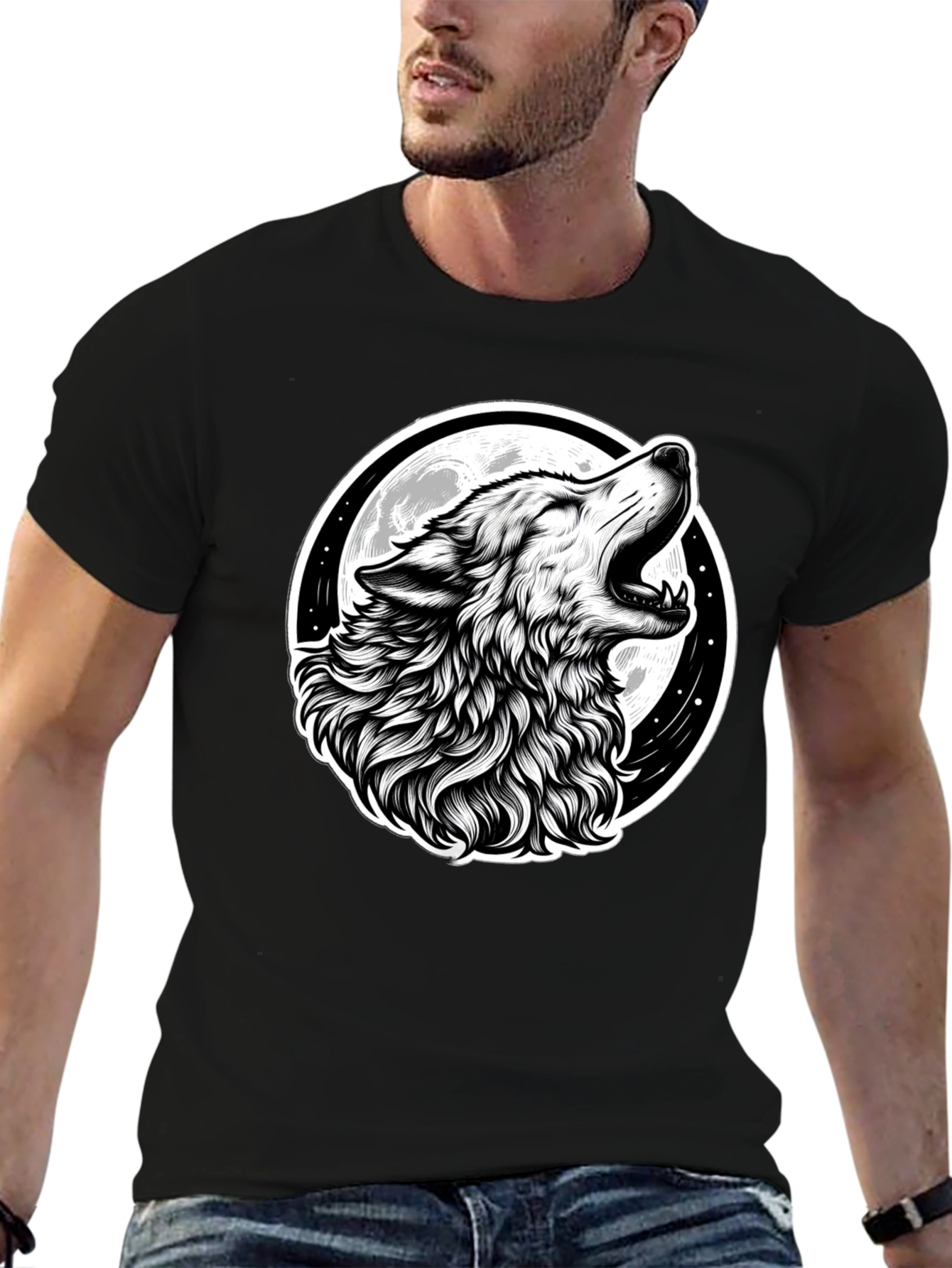 Black Wolf Moon Graphic Tee - Black Cotton T-Shirt view 6