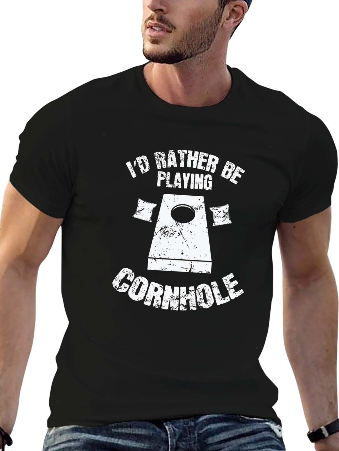 Black I'd Rather Be Playing Cornhole T-Shirt view 6