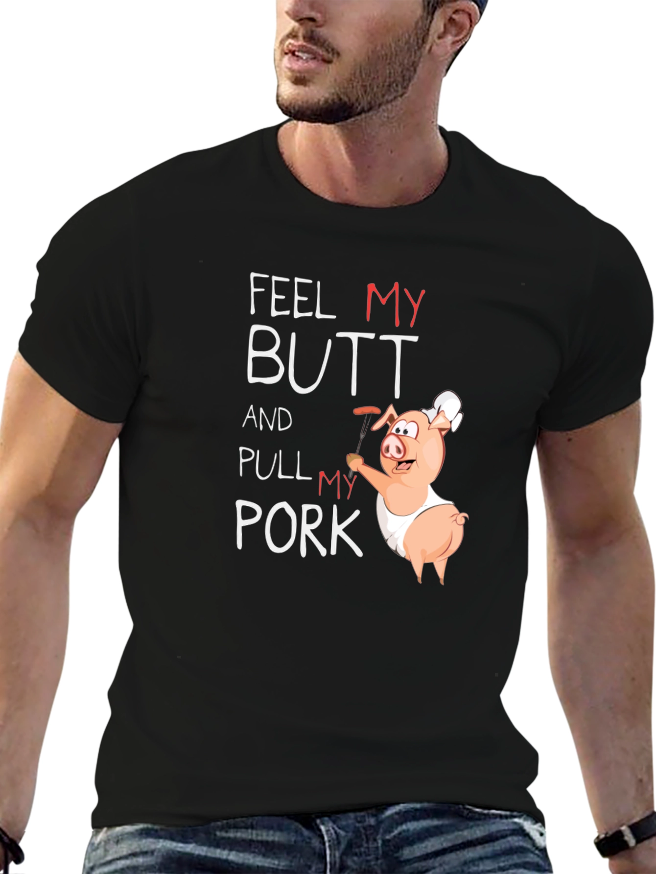 Black Feel My Butt Pull My Pork Graphic T-Shirt view 6