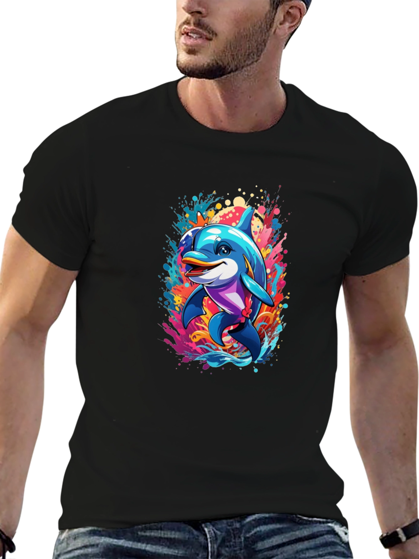 Black Dolphin Splash Black T-Shirt - Fun Graphic Tee view 6