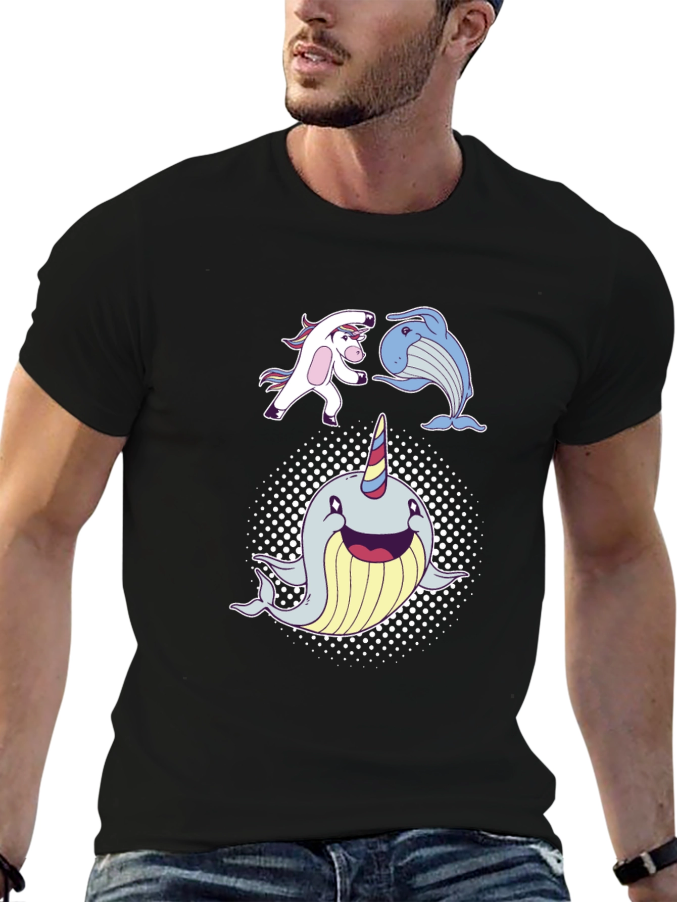 Black Whimsical Unicorn, Whale, Narwhal T-Shirt view 6