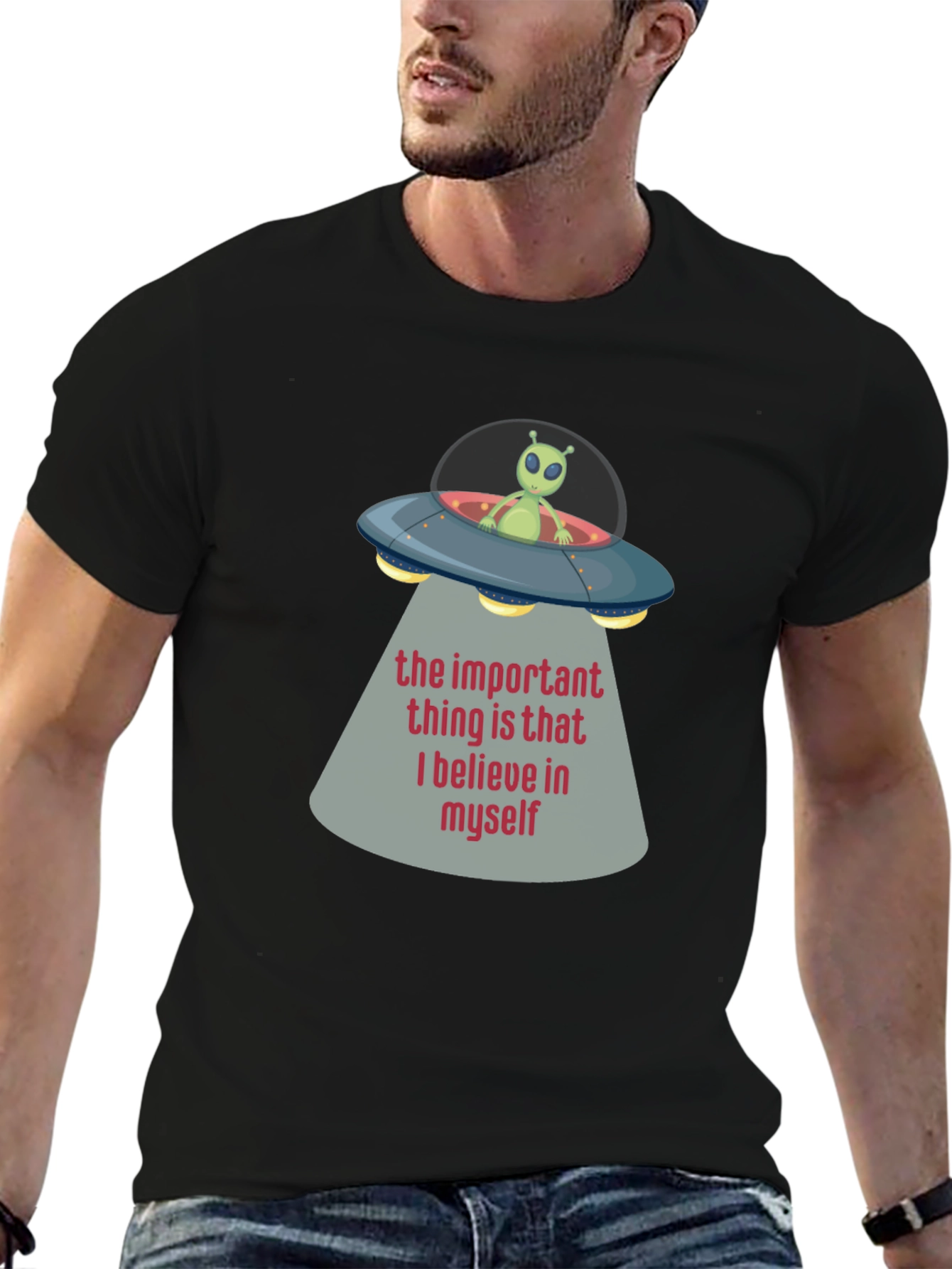 Black Believe In Myself Alien UFO T-Shirt view 6