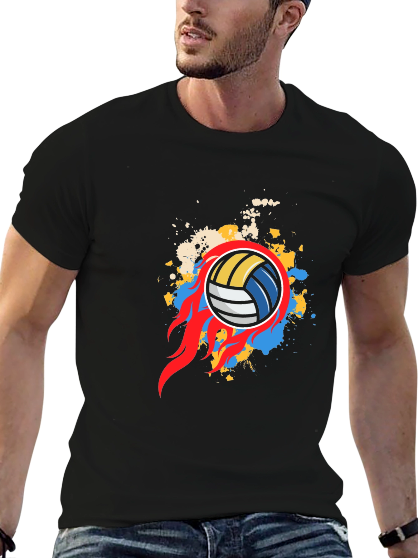 Black Flaming Volleyball Graphic Tee - Black Cotton Shirt view 6